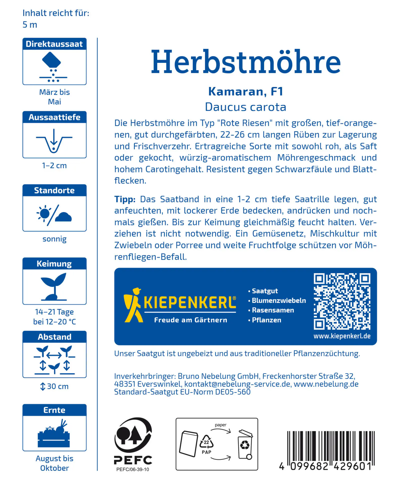 Kiepenkerl Profi-Line Saatgut Möhren Kamaran F1 Saatband für ca. 1,25 – 1,5 m²