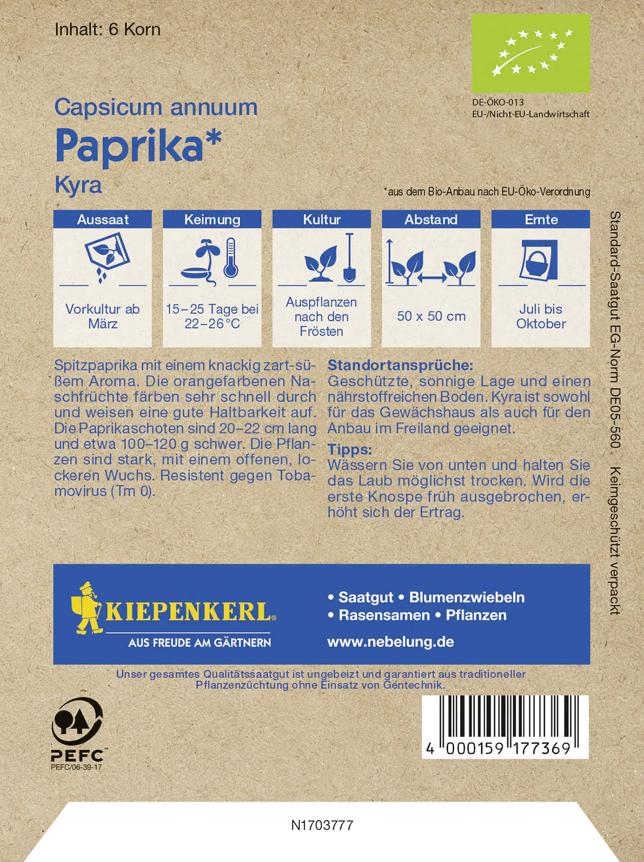 Kiepenkerl BIO Paprika Kyra Capsicum annuum, Inhalt: 6 Korn