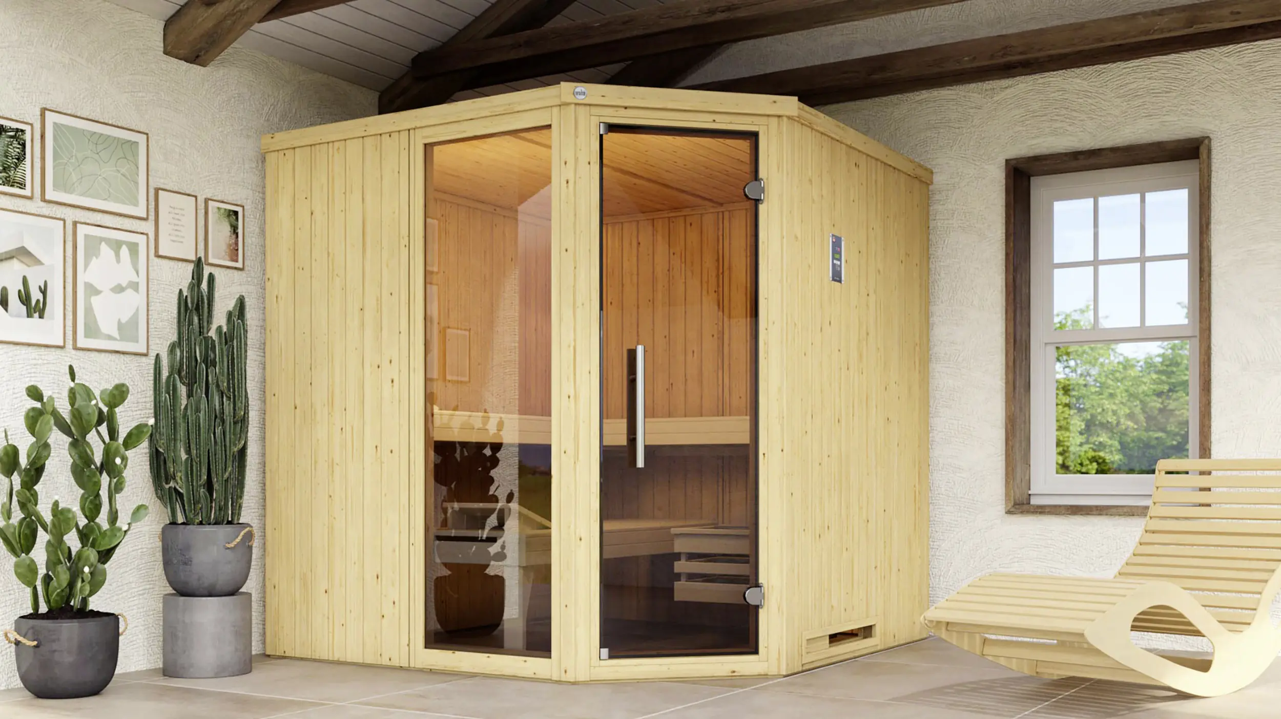 Weka Element-Ecksauna Varberg 3 GTF BioS mit Glastür und Fenster