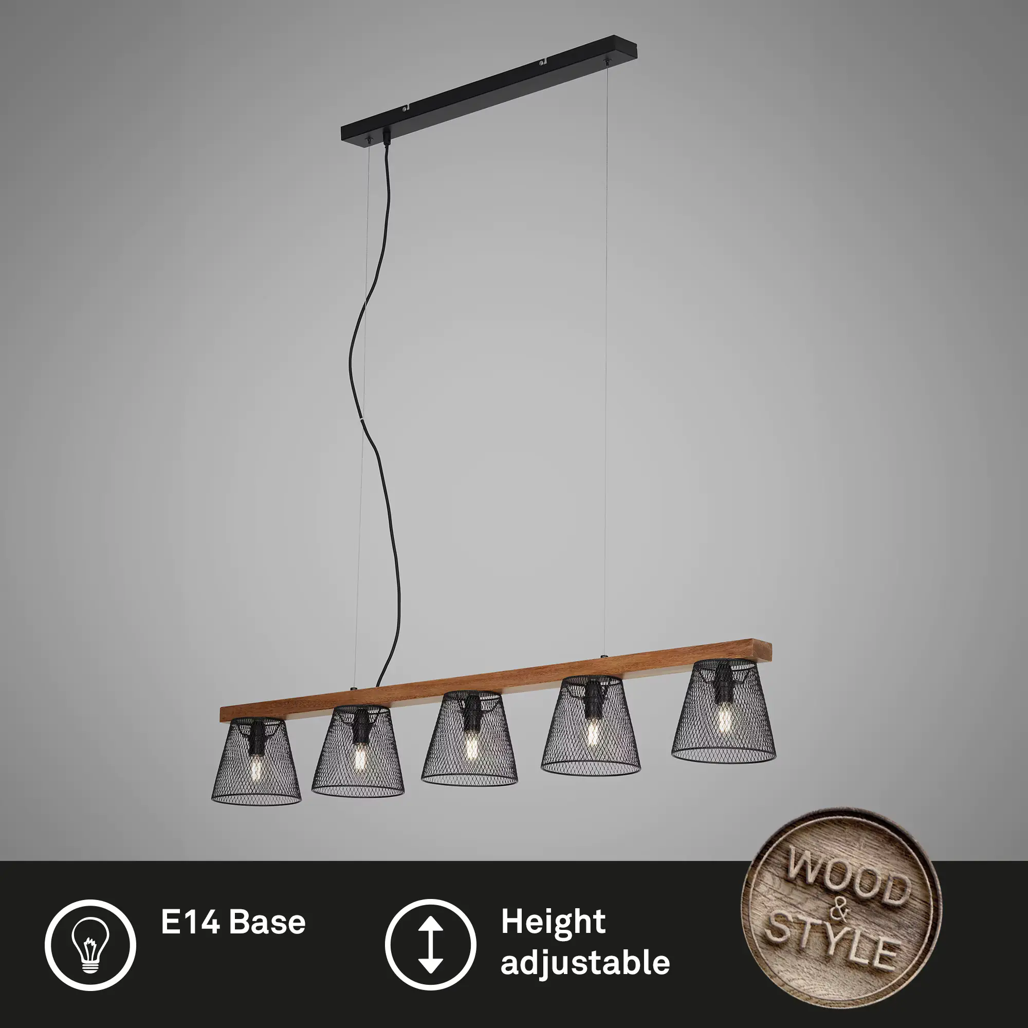 Briloner Pendelleuchte schwarz mit Holz Metalll 5xE14 exklusive. Briloner Pendelleuchte schwarz mit Holz Metalll 5xE14 exklusive.