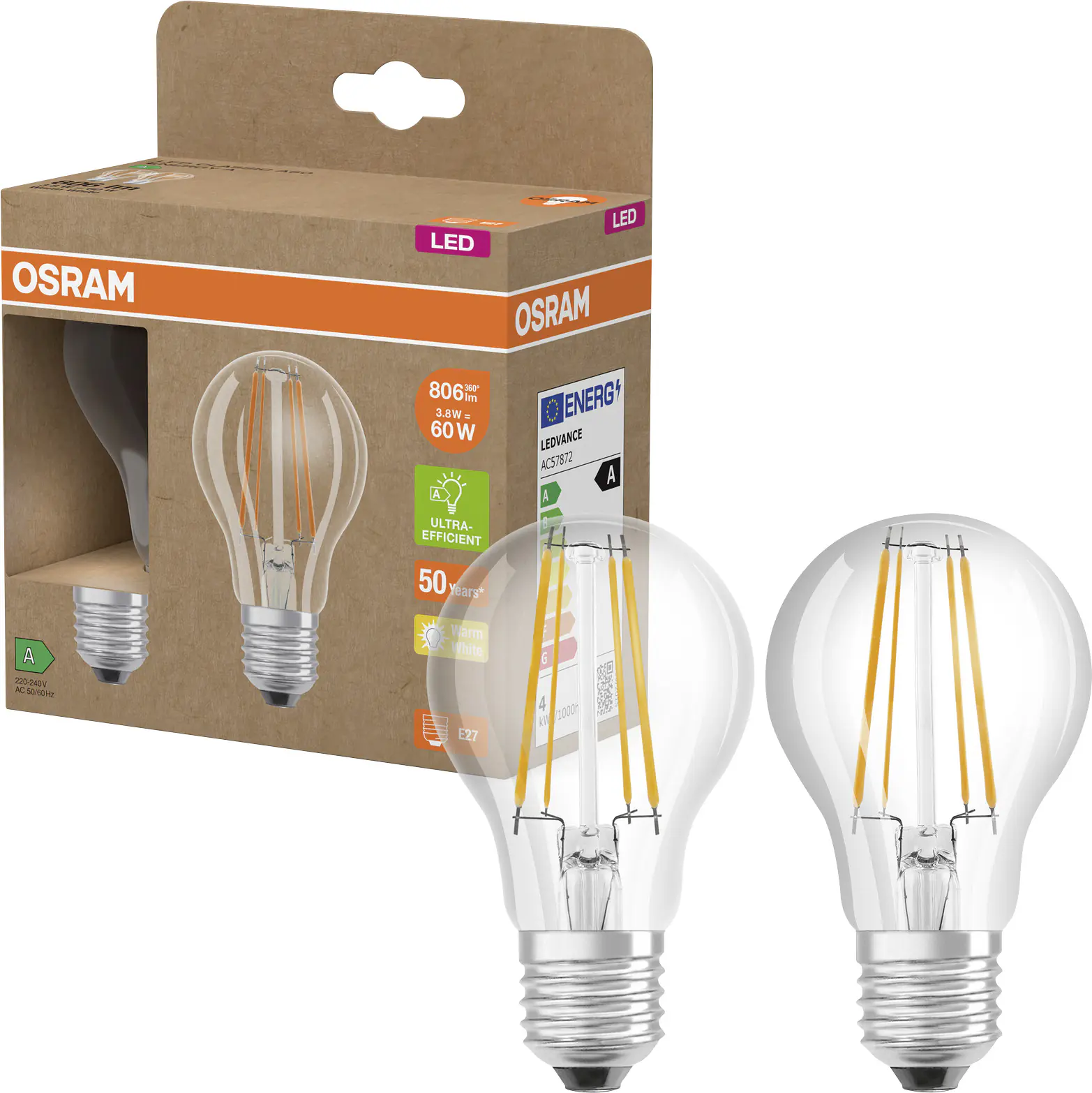 Osram LED Leuchtmittel E27 2er Pack Classic 3,8W klar warmweiß