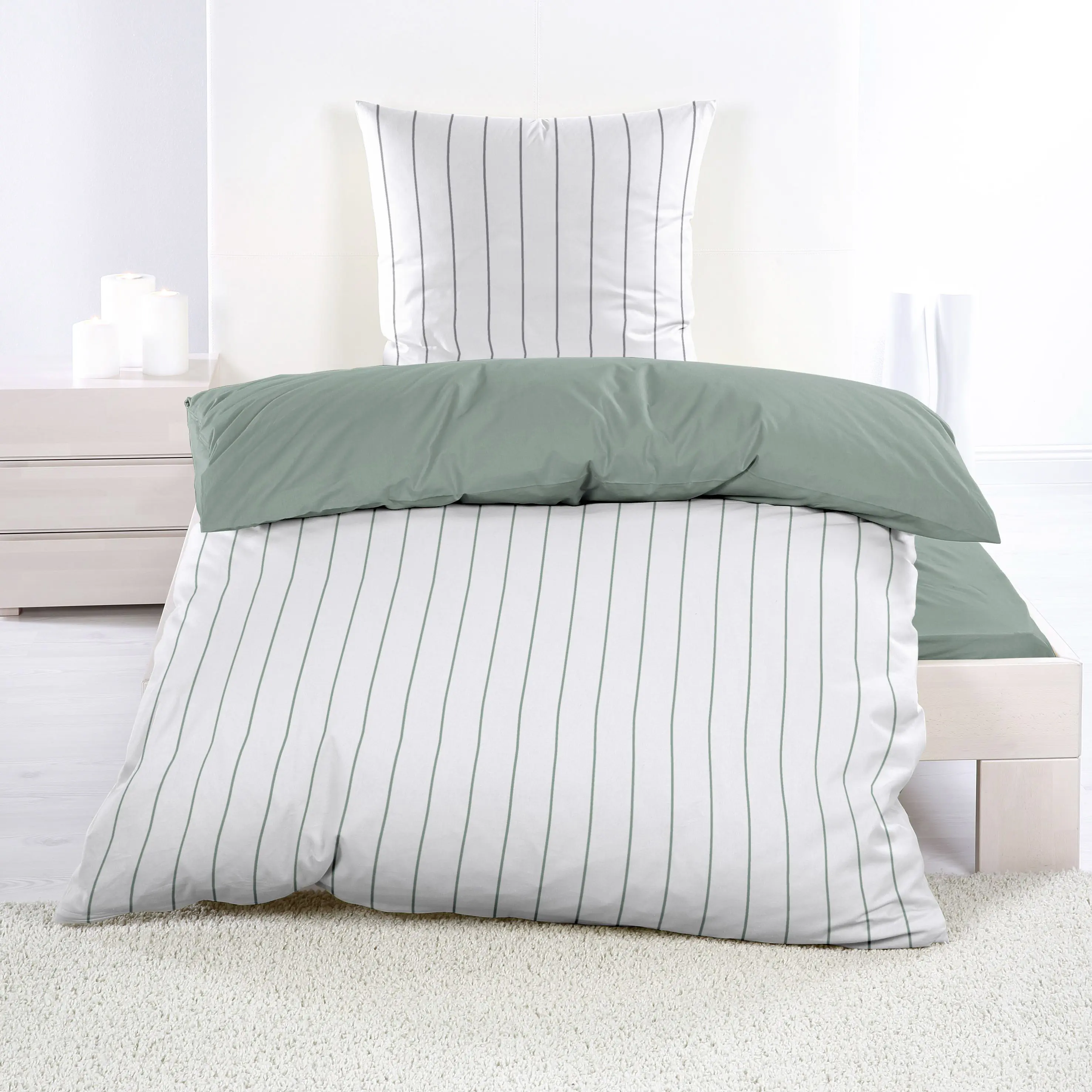 Bettwäsche Renforce Streifen weiß/salbei wendbar 135 x 200 cm