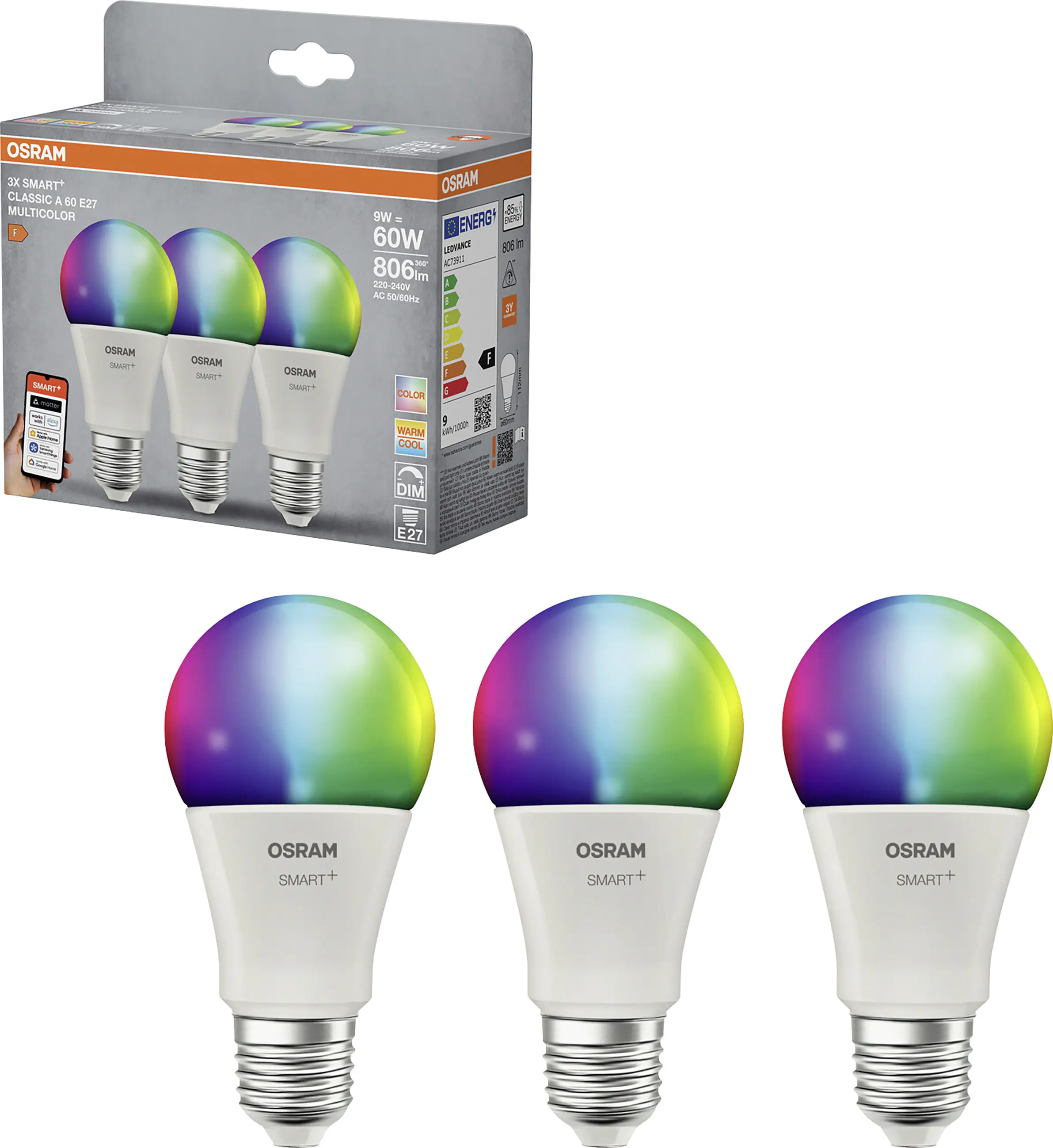 Osram SMART+ Matter Leuchtmittel E27 3er Pack Classic A60 9W RGBW matt 
