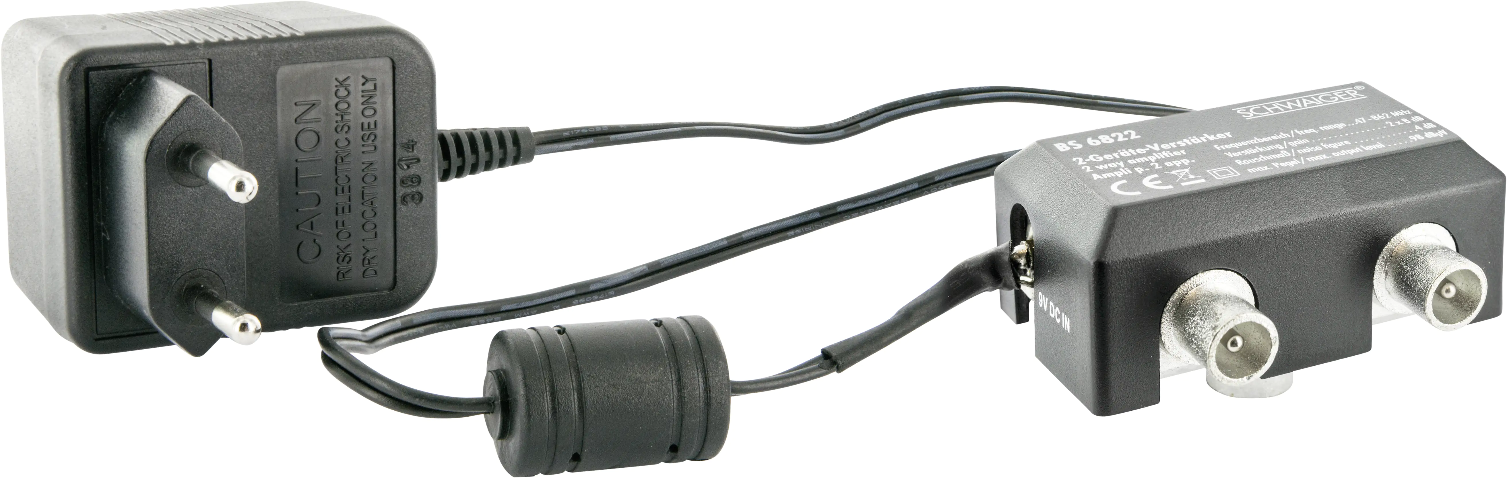 4004005505061_1214674 Schwaiger Zwei-Geräte-Verstärker BS6822 531 1x IEC Buchse auf 2x IEC Stecker, Verstärkung bis 2x 8dB