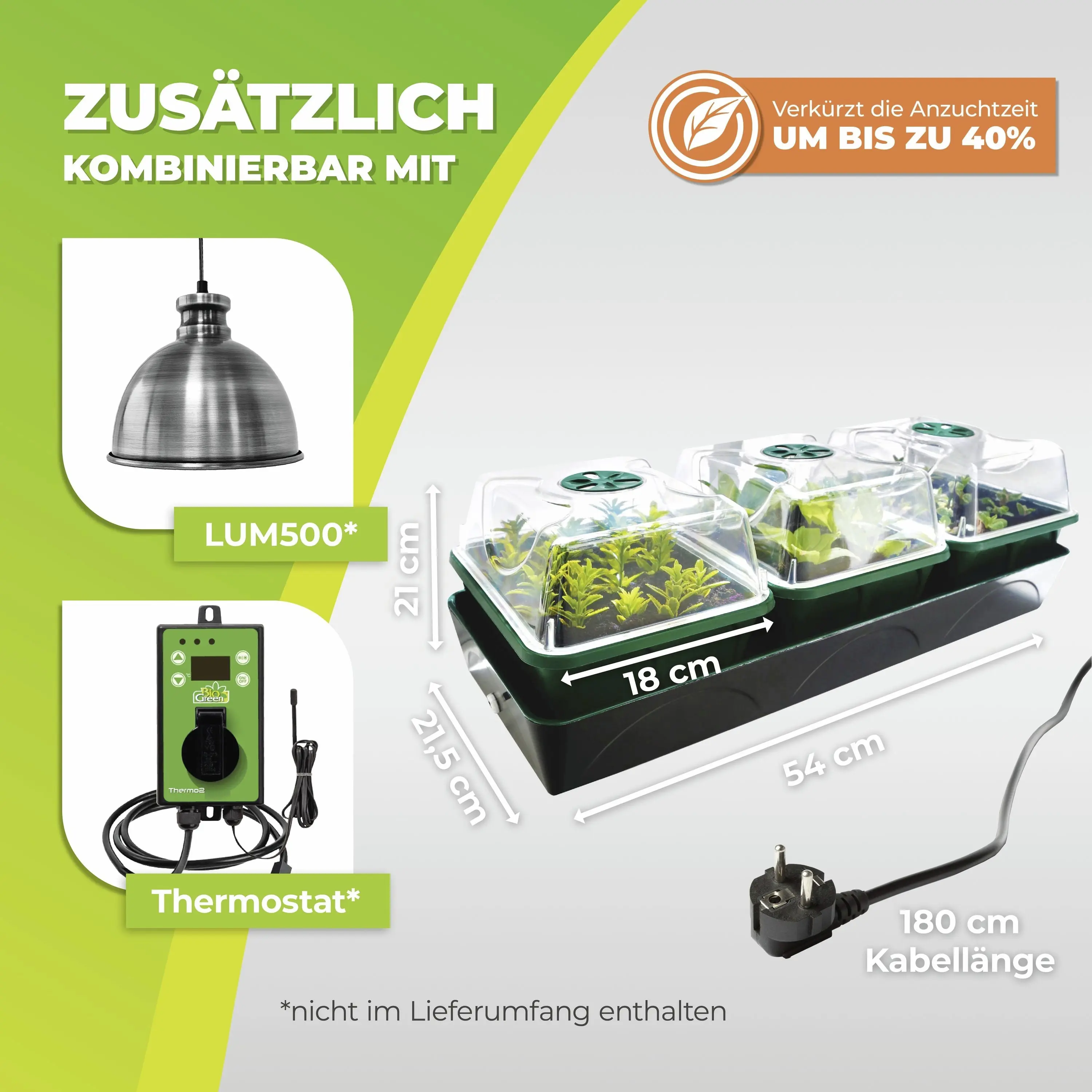 BioGreen Anzuchtstation Hollandia grün/schwarz 54 x 21 cm mit 3 Klimakammern beheizbar
