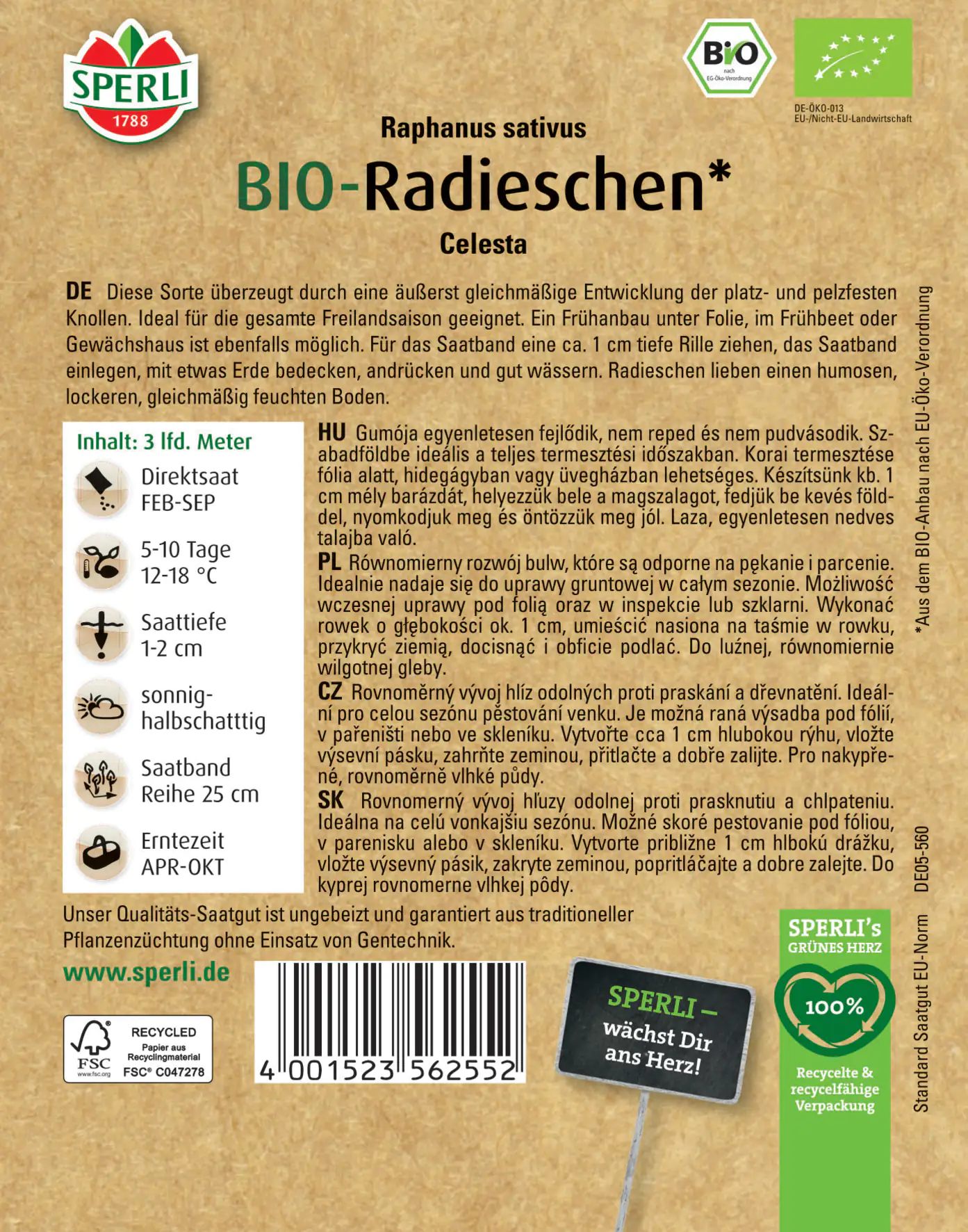 Sperli BIO Radieschen Rudolf Saatband