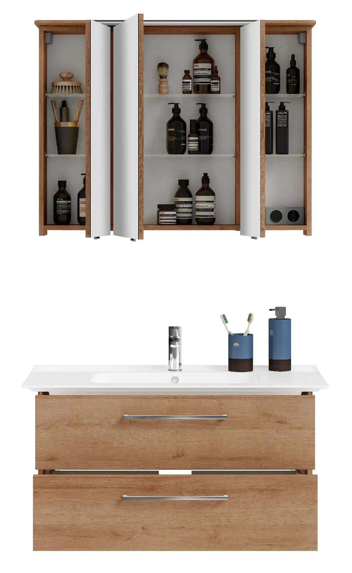 Pelipal Badmöbel-Set Riviera Eiche quer mit Keramik-Waschrisch + 3D-Spiegelschrank 100 cm