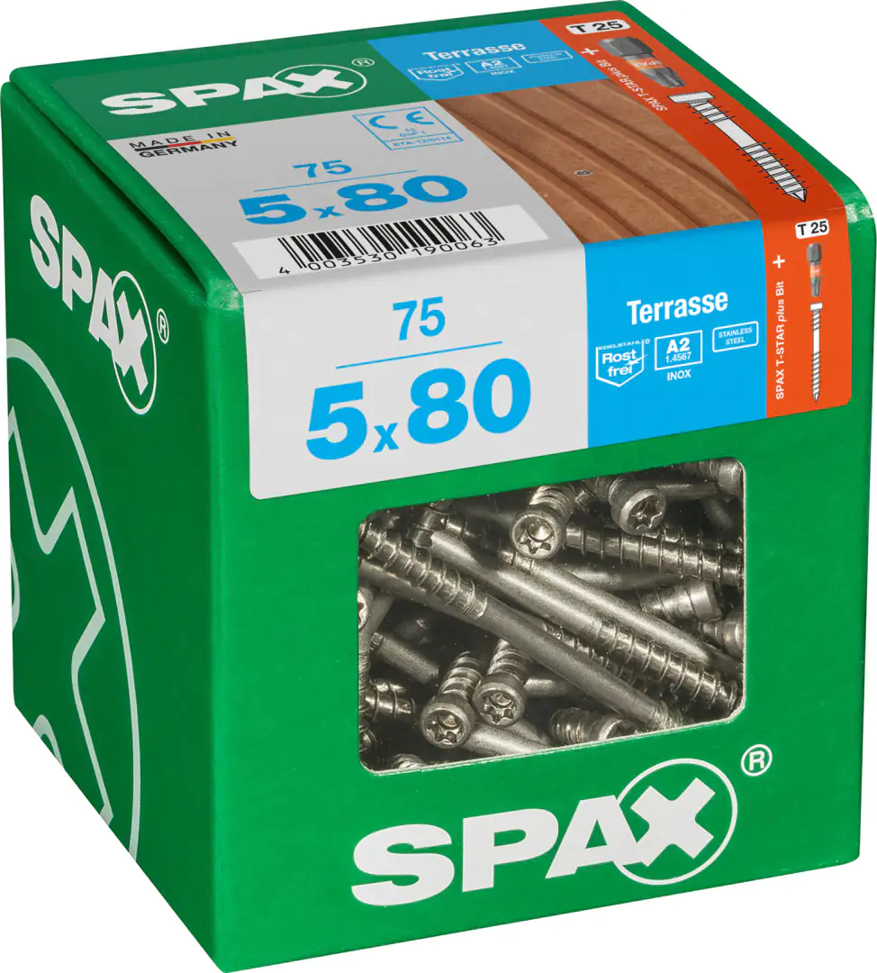 Spax Terrassenschrauben 5.0 x 80 mm TX 25 - 75 Stk. Spax Terrassenschrauben 5.0 x 80 mm TX 25 - 75 Stk.