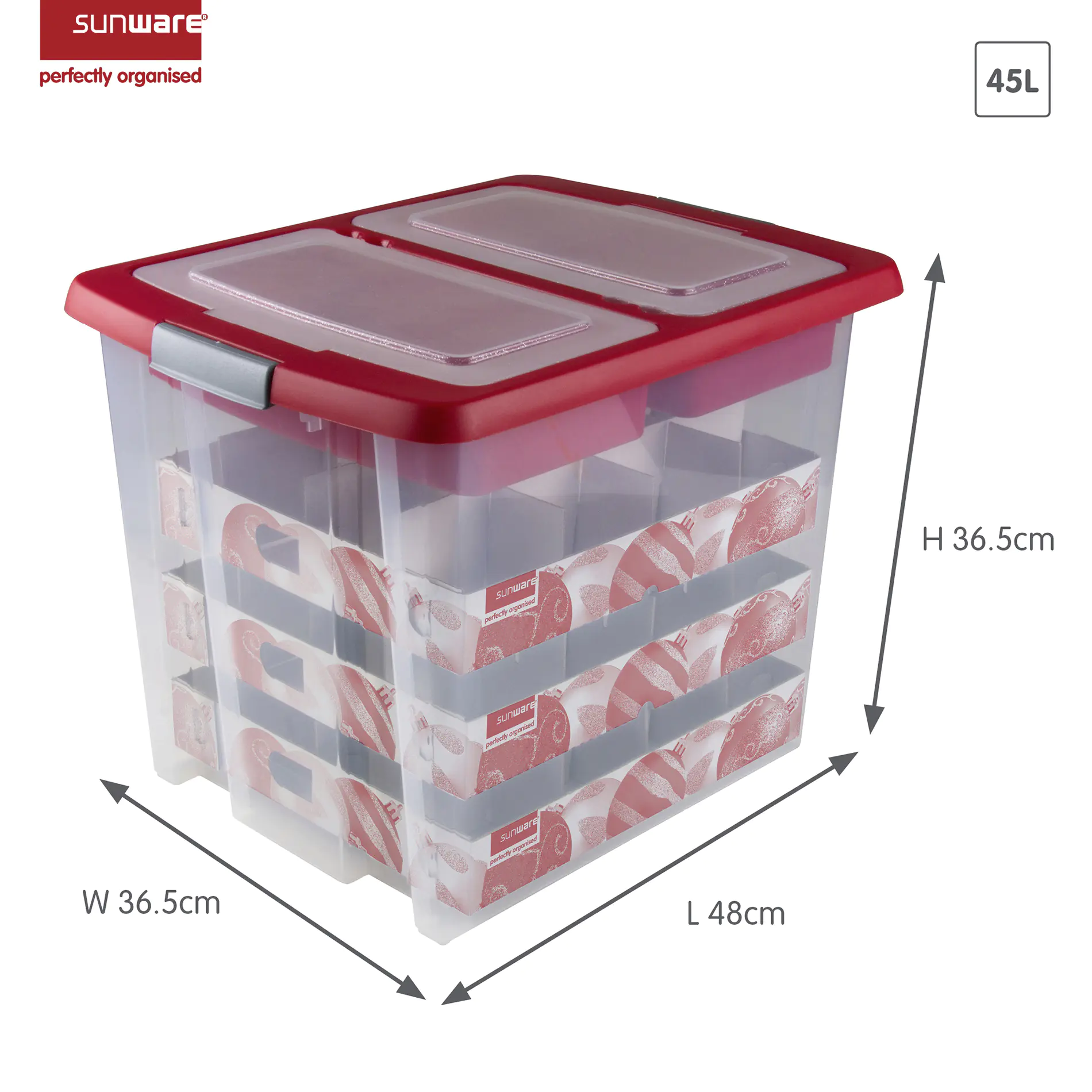Sunware Weihnachtsbox Nesta 45L mit Einsatz für 48 Kugeln transparent rot