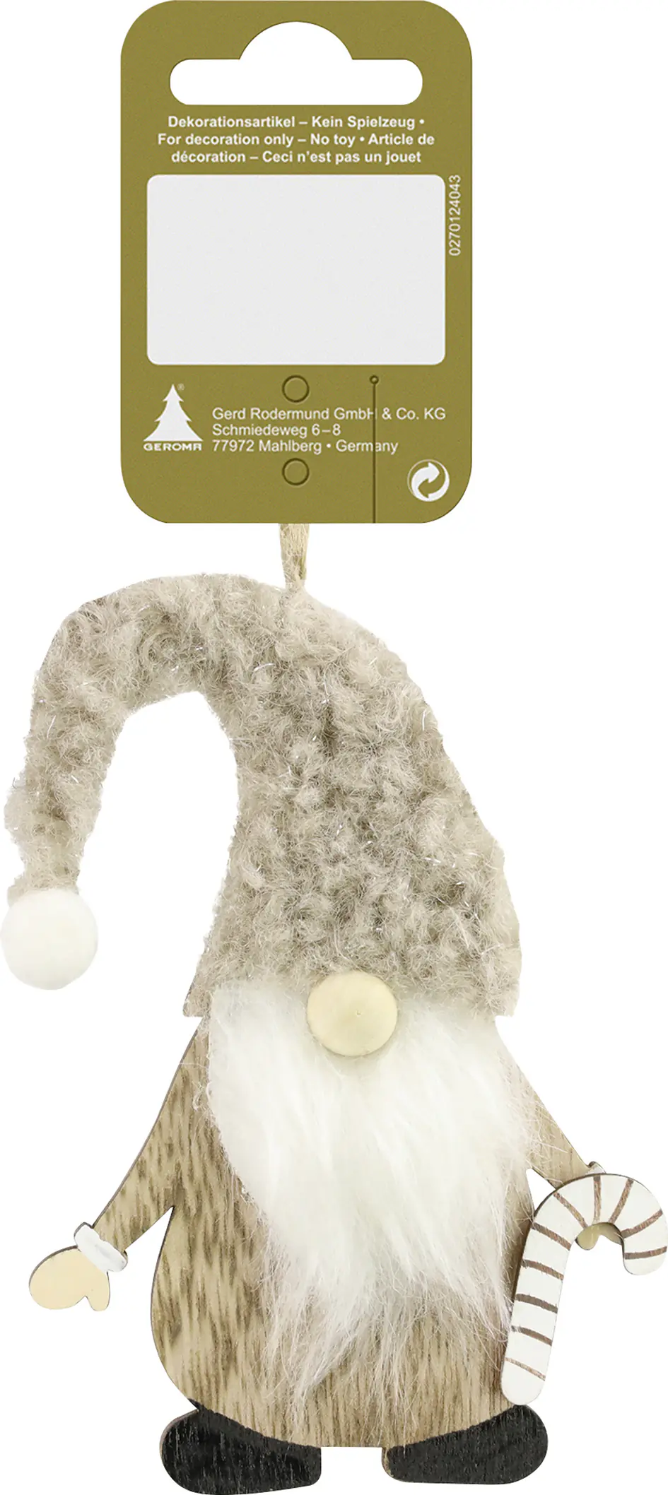 Dekoanhänger Santa mit Zuckerstange Holz 12 x 8 cm natur-weiß 