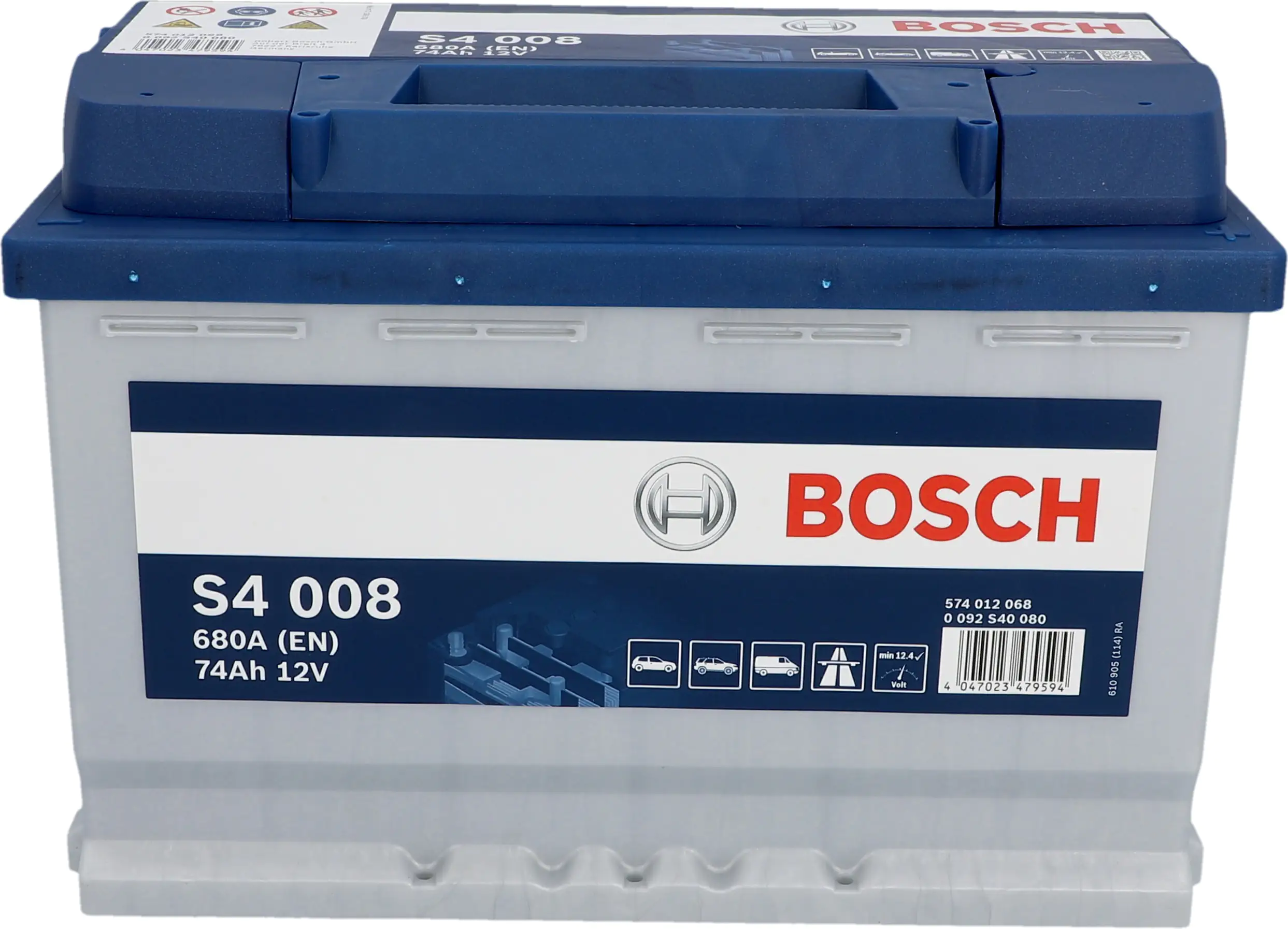 Bosch Starterbatterie S4 74Ah 680A Maße: 278x175x190mm (LxBxH) Bosch Starterbatterie S4 74Ah 680A Maße: 278x175x190mm (LxBxH)