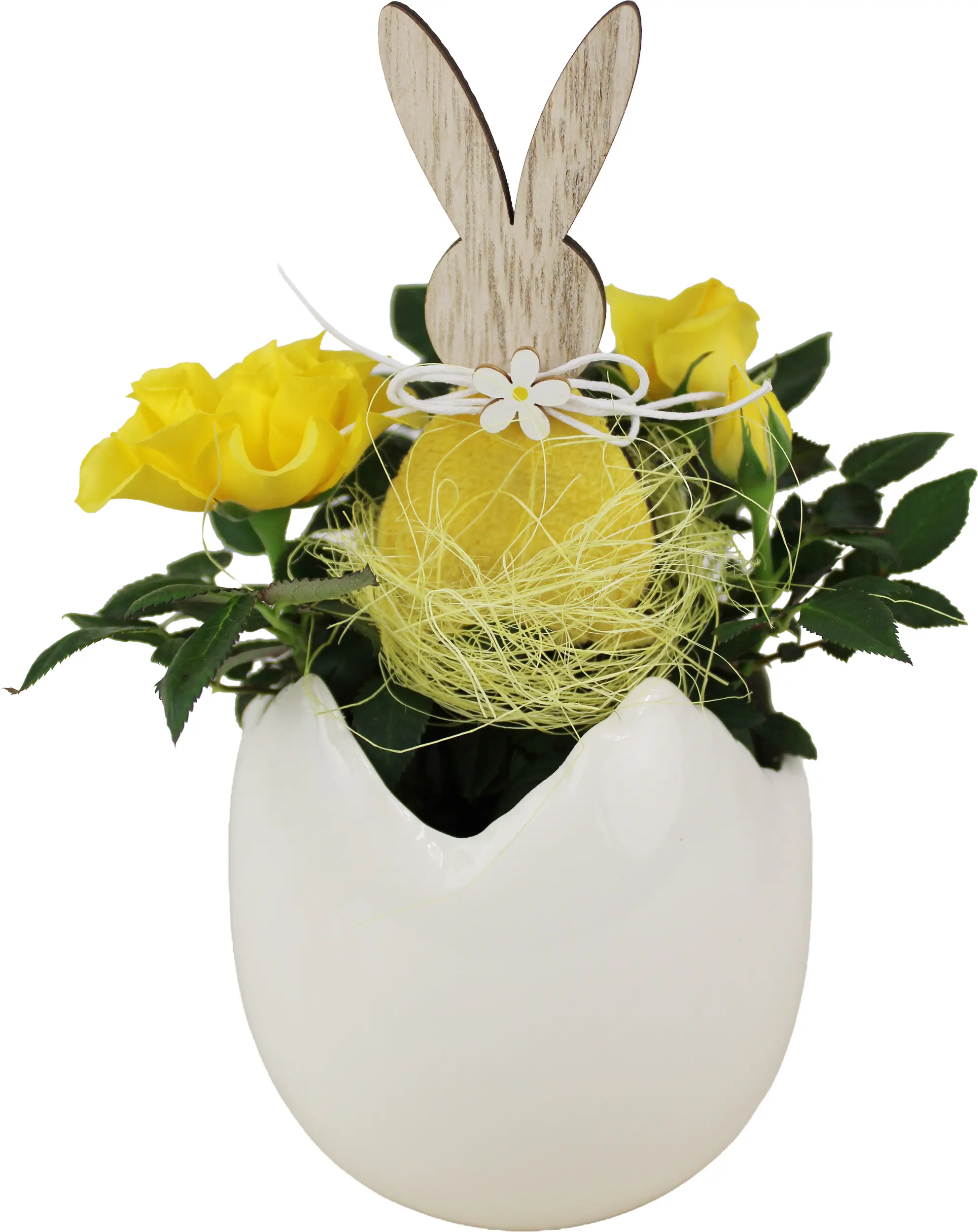 Osterarrangement Rose im Porzellanei mit Hasendeko