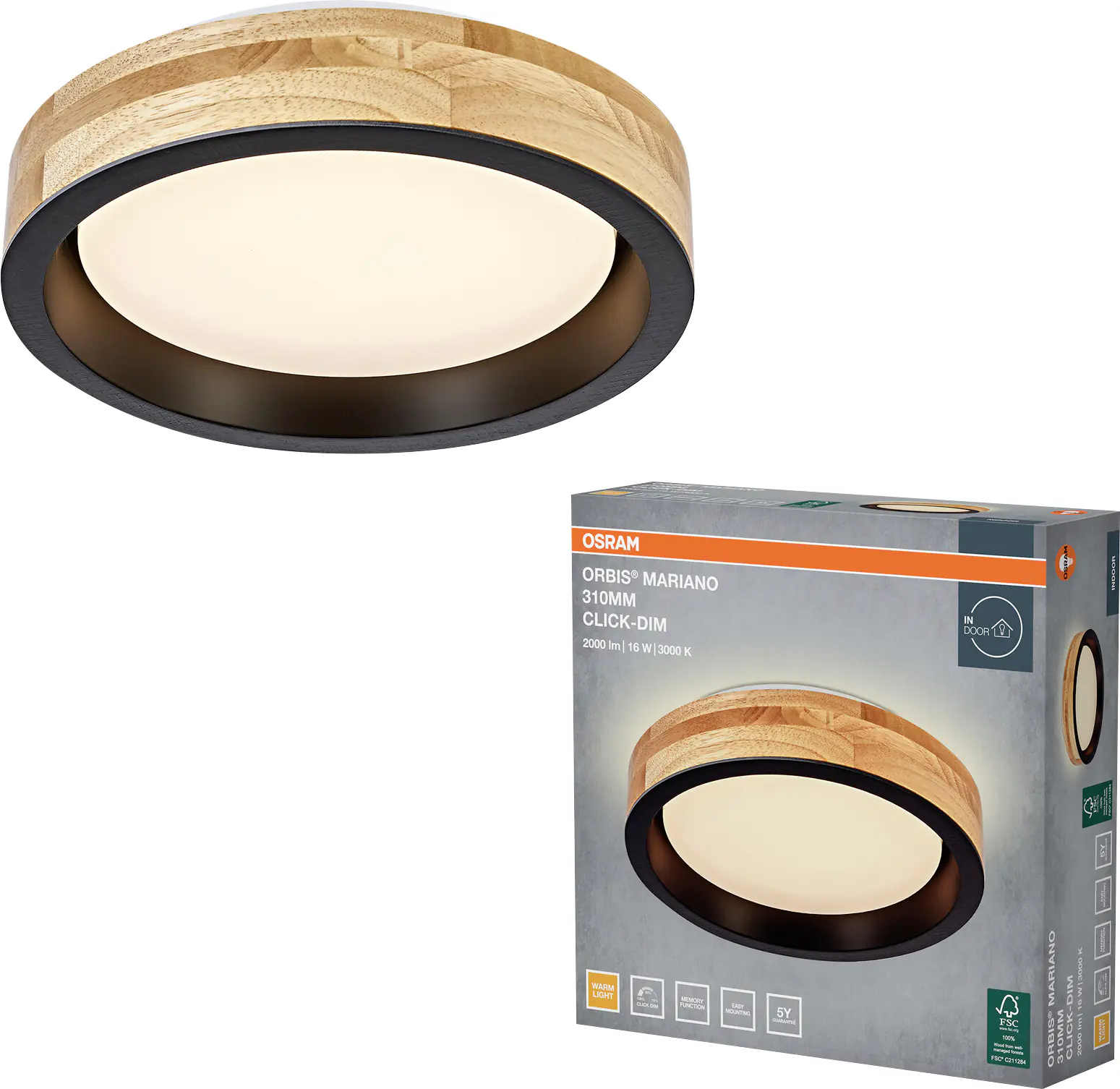 Osram LED-Deckenleuchte Orbis MarianoØ 31 cm 16 W Holzdekor schwarz dimmbar