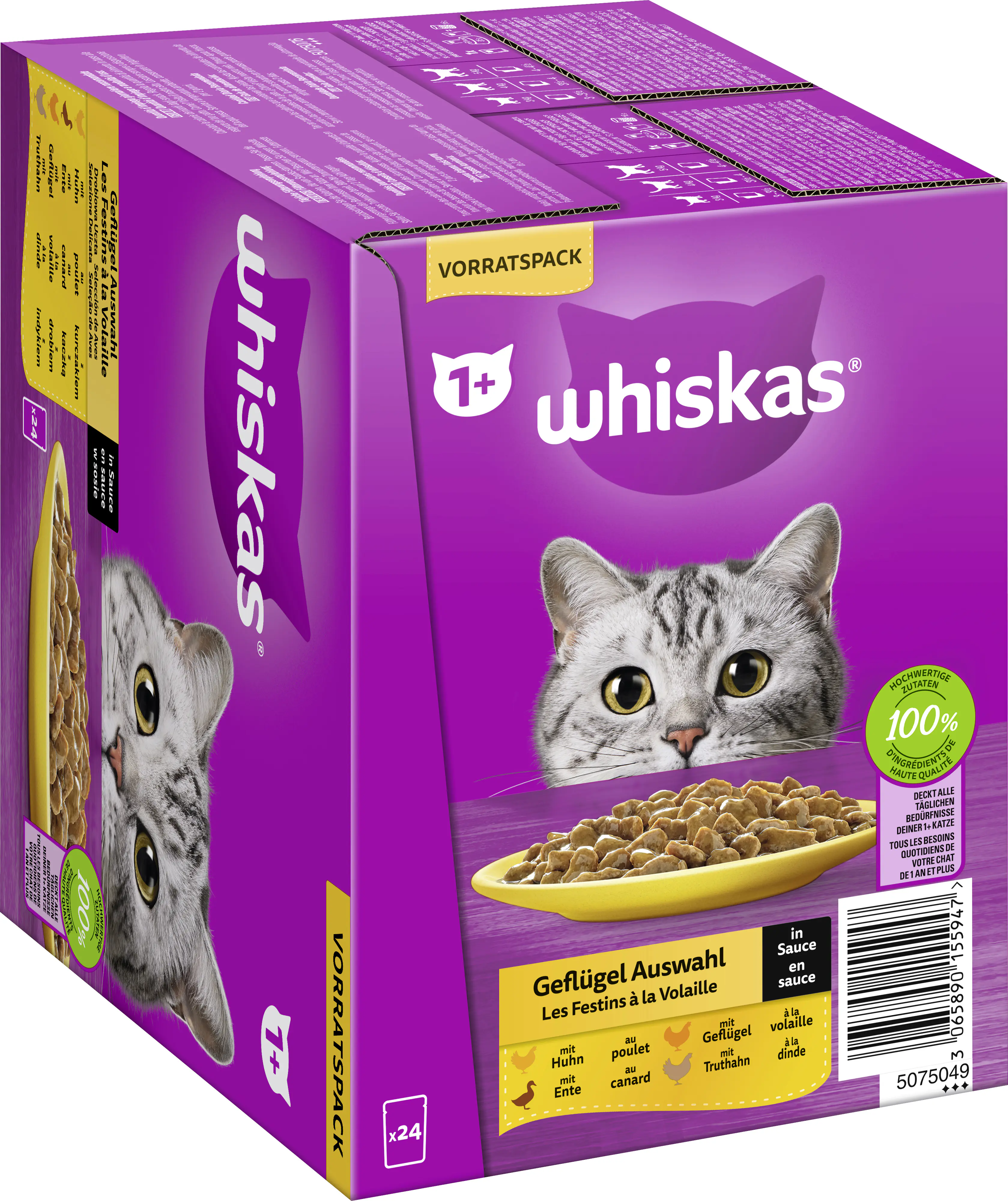 Whiskas Katzennassfutter Adult 24 x 85 g Geflügelauswahl in Sauce 