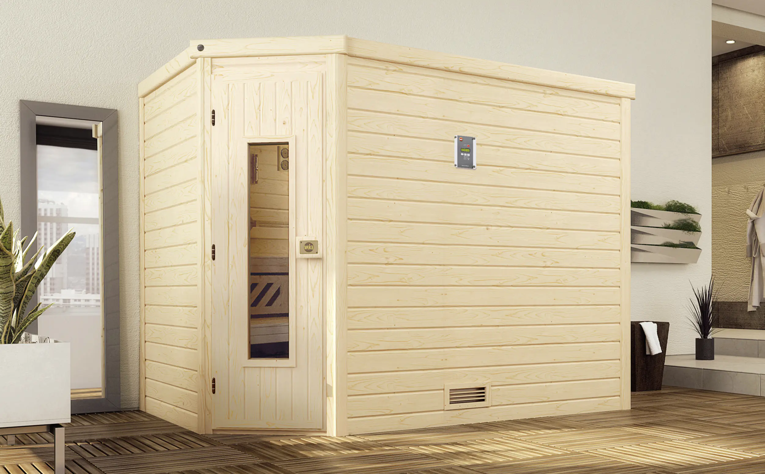 Weka Massivholzsauna Turku 3 mit Holztür