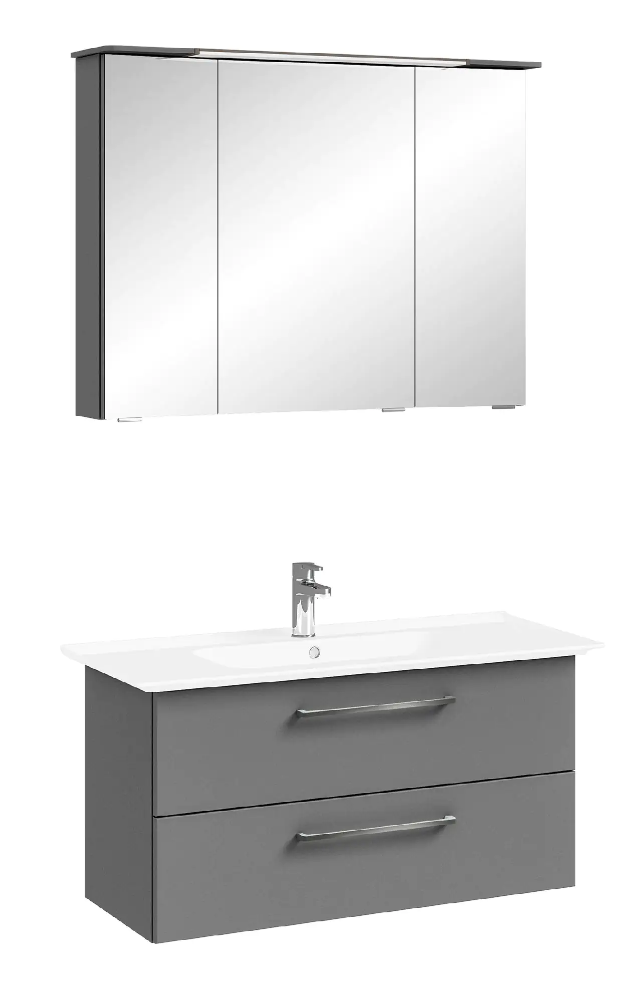 Pelipal Badmöbel-Set Quarzgrau Matt mit Keramik-Waschtisch + 3D-Spiegelschrank 100 cm