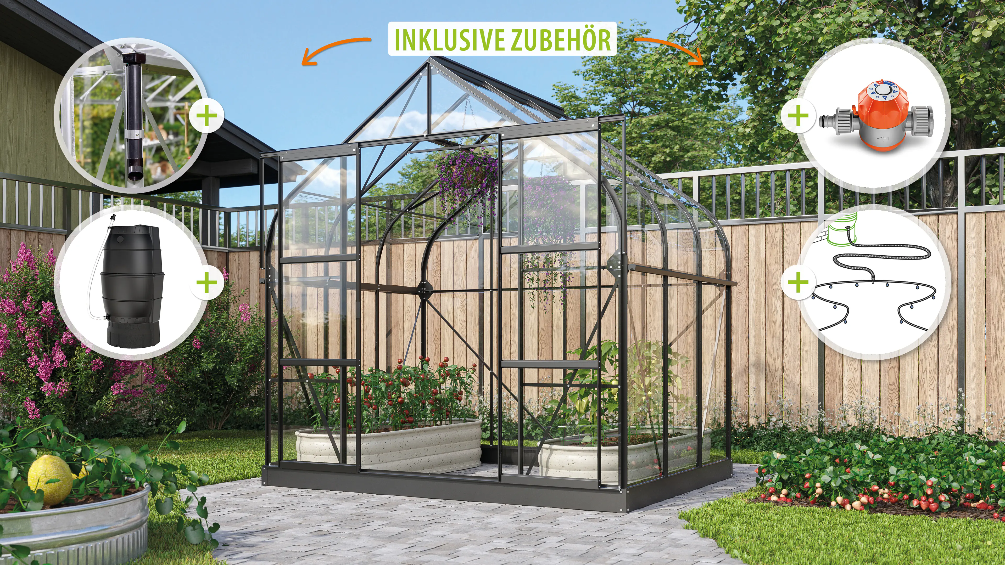 Vitavia Gewächshaus-Set-Set Dione 5000 ESG 3 mm schwarz 254 x 192 cm