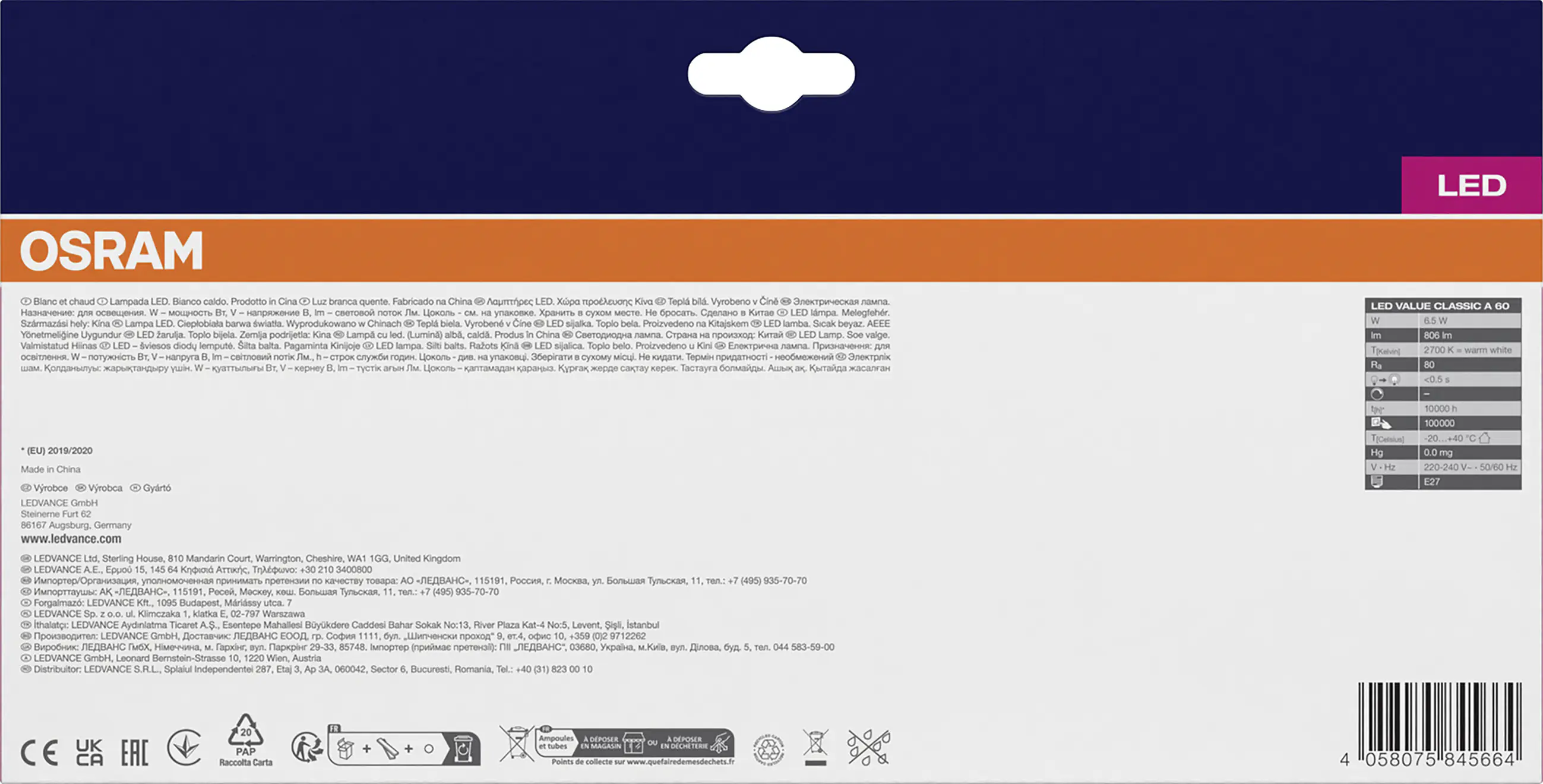 Osram LED Leuchtmittel Klassik A60 E27 6,5 W warmweiß klar 6er Pack