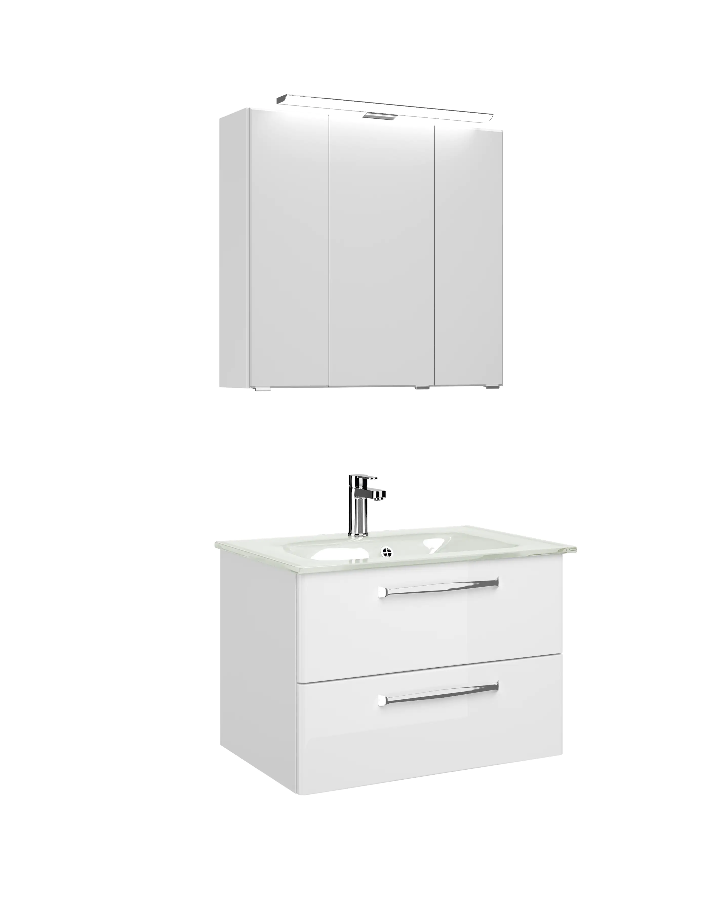 4017026109729_1 Pelipal Badmöbel-Set Trentino Weiß Hgl/Weiß Glanz mit Glas-Waschtisch + LED-Aufsatzleuchte 77 cm