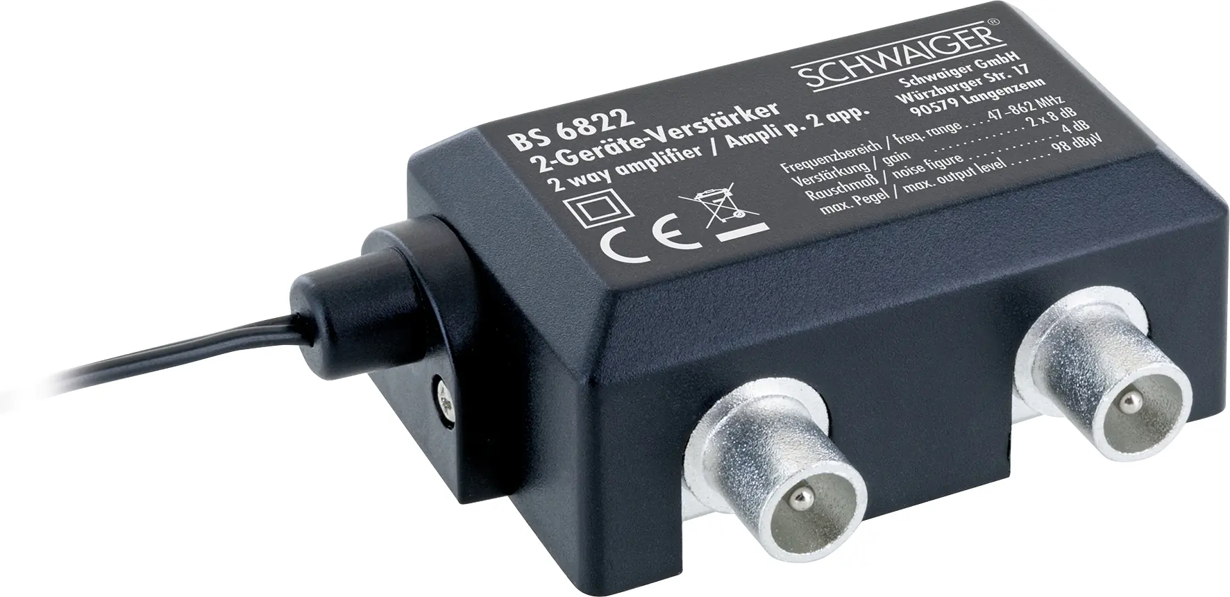 Schwaiger Zwei-Geräte-Verstärker BS6822 531 1x IEC Buchse auf 2x IEC Stecker, Verstärkung bis 2x 8dB
