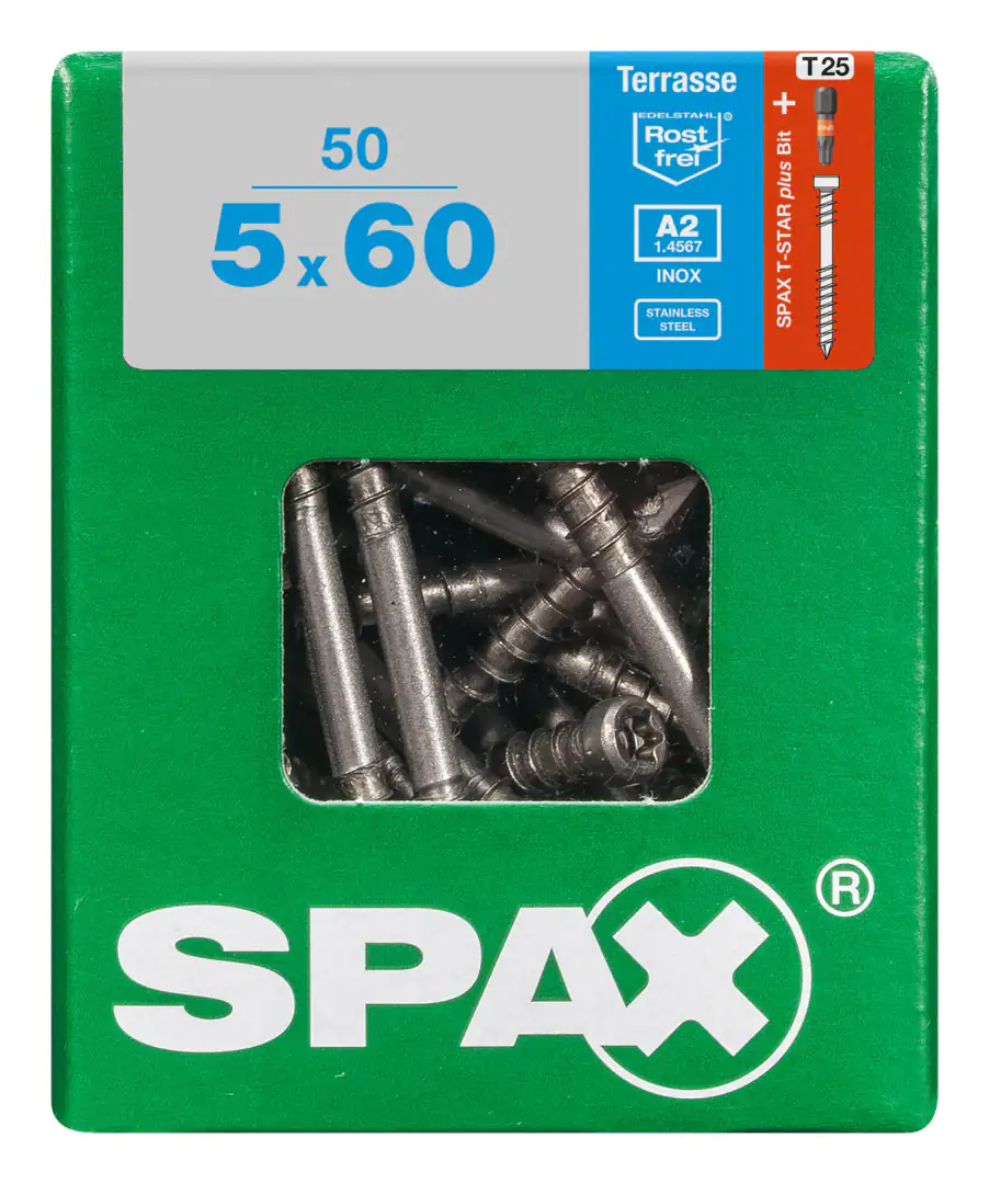 Spax Terrassenschrauben 5.0 x 60 mm TX 25 - 50 Stk. Spax Terrassenschrauben 5.0 x 60 mm TX 25 - 50 Stk.
