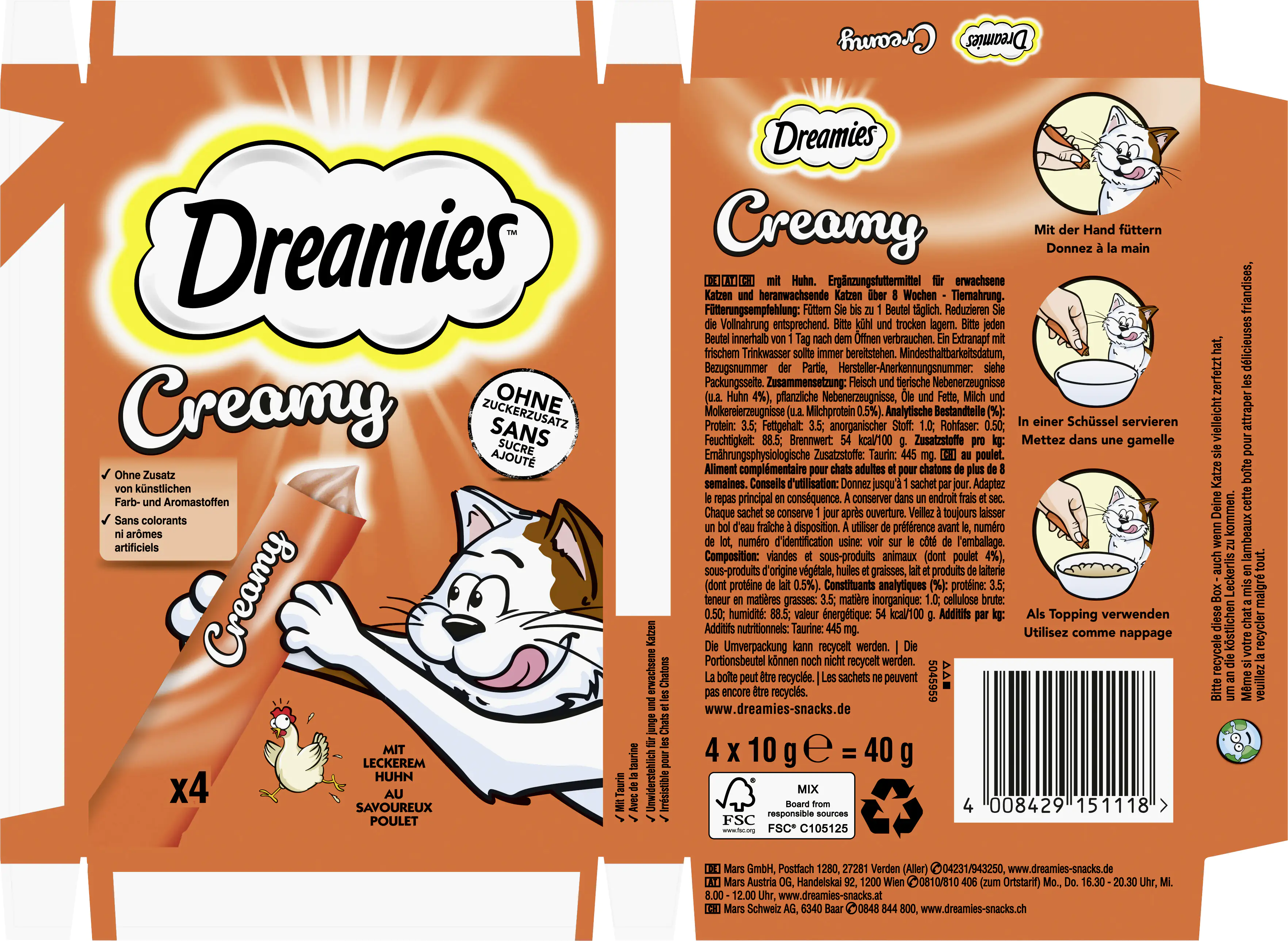 Dreamies Creamy Snacks mit Huhn Katzensnack 4 x 10 g Multipack