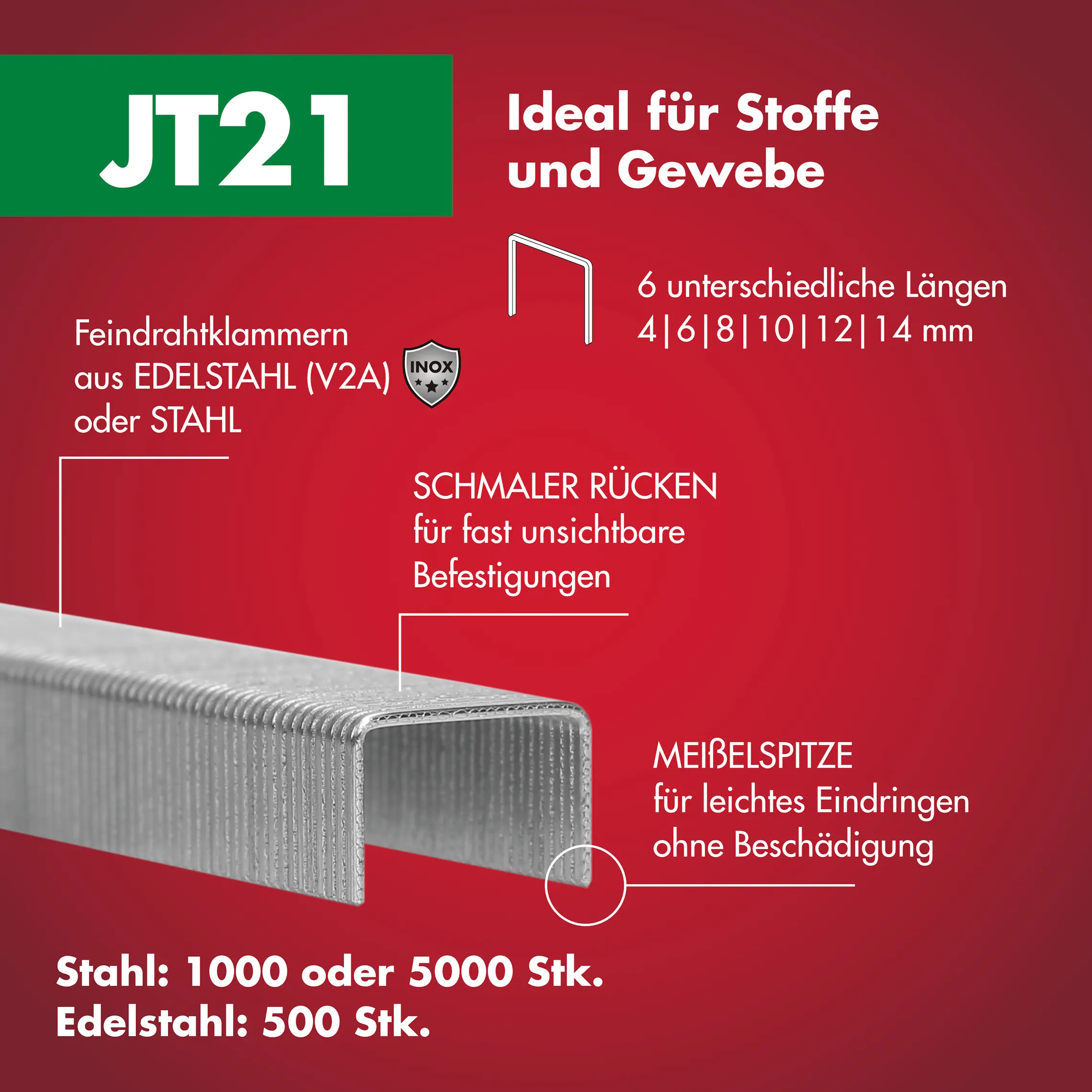 Arrow Tackerklammer Feindraht JT21 14 mm Stoff & Gewebe 1000 Stück