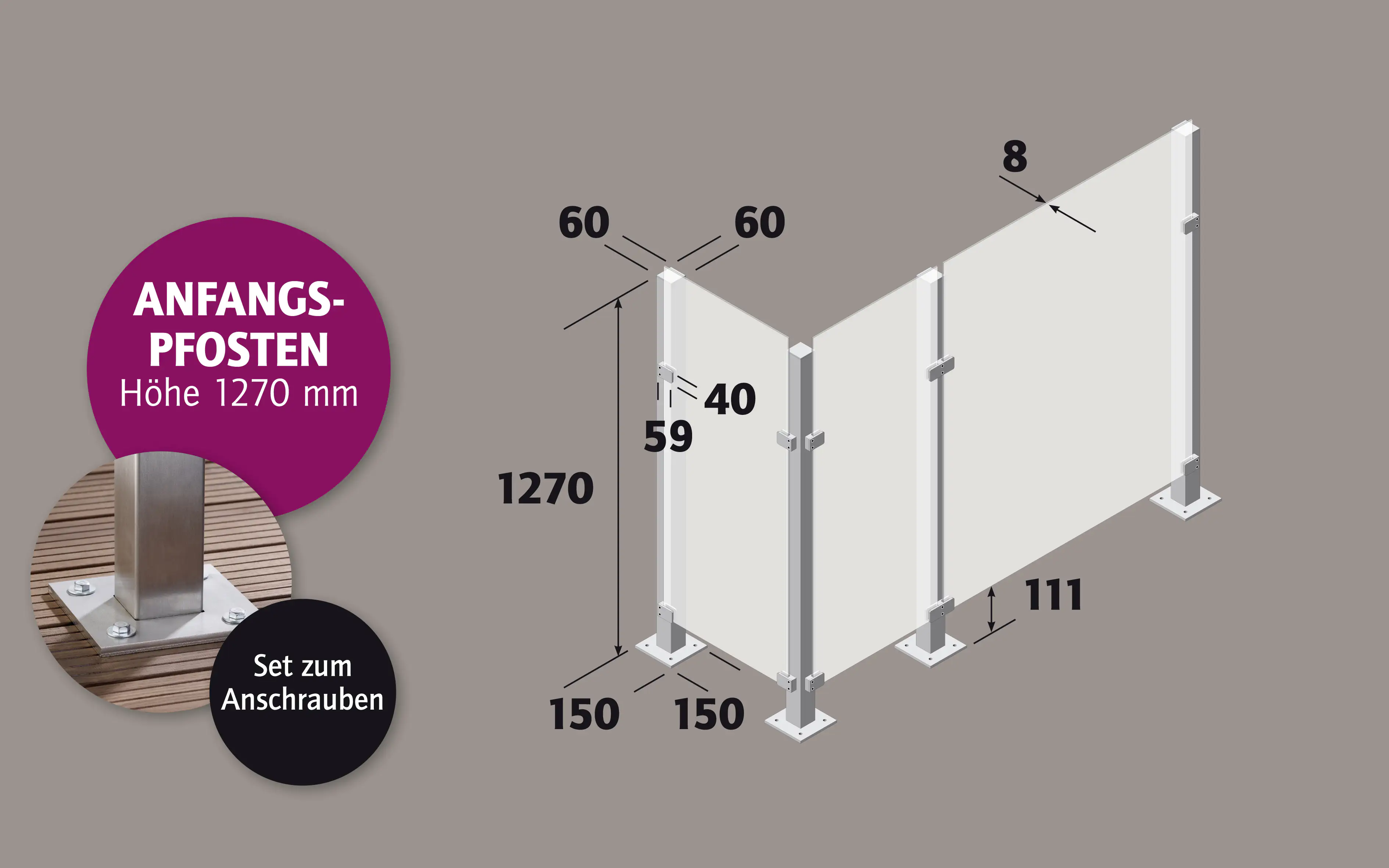 Ambiente Anfangspfosten-Set zum ANSCHRAUBEN 127 cm 6 x 6 cm Edelstahl V2A Ambiente Anfangspfosten-Set zum ANSCHRAUBEN 127 cm 6 x 6 cm Edelstahl V2A