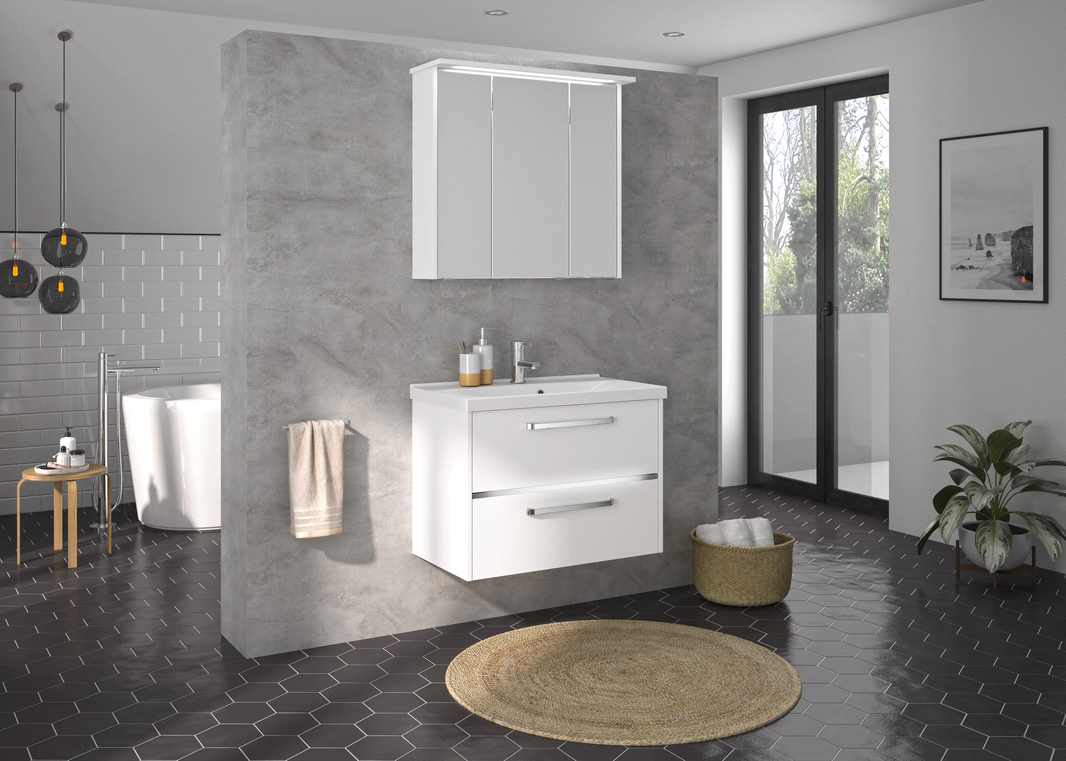 Primaster Badmöbel-Set Berlin weiß 77 cm Twin LED, Mineralgusswaschtisch