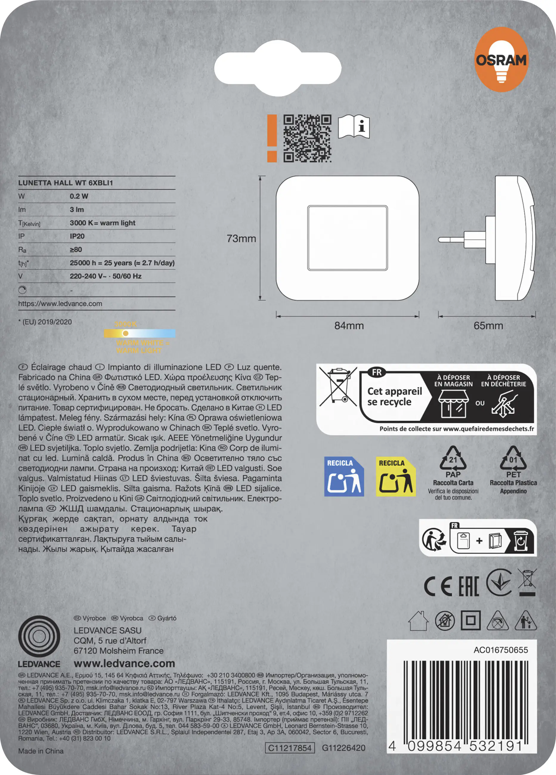 Osram LED-Nachtlicht Lunetta Hall mit Tag-/Nacht Sensor 8,4 cm warmweiß weiß 