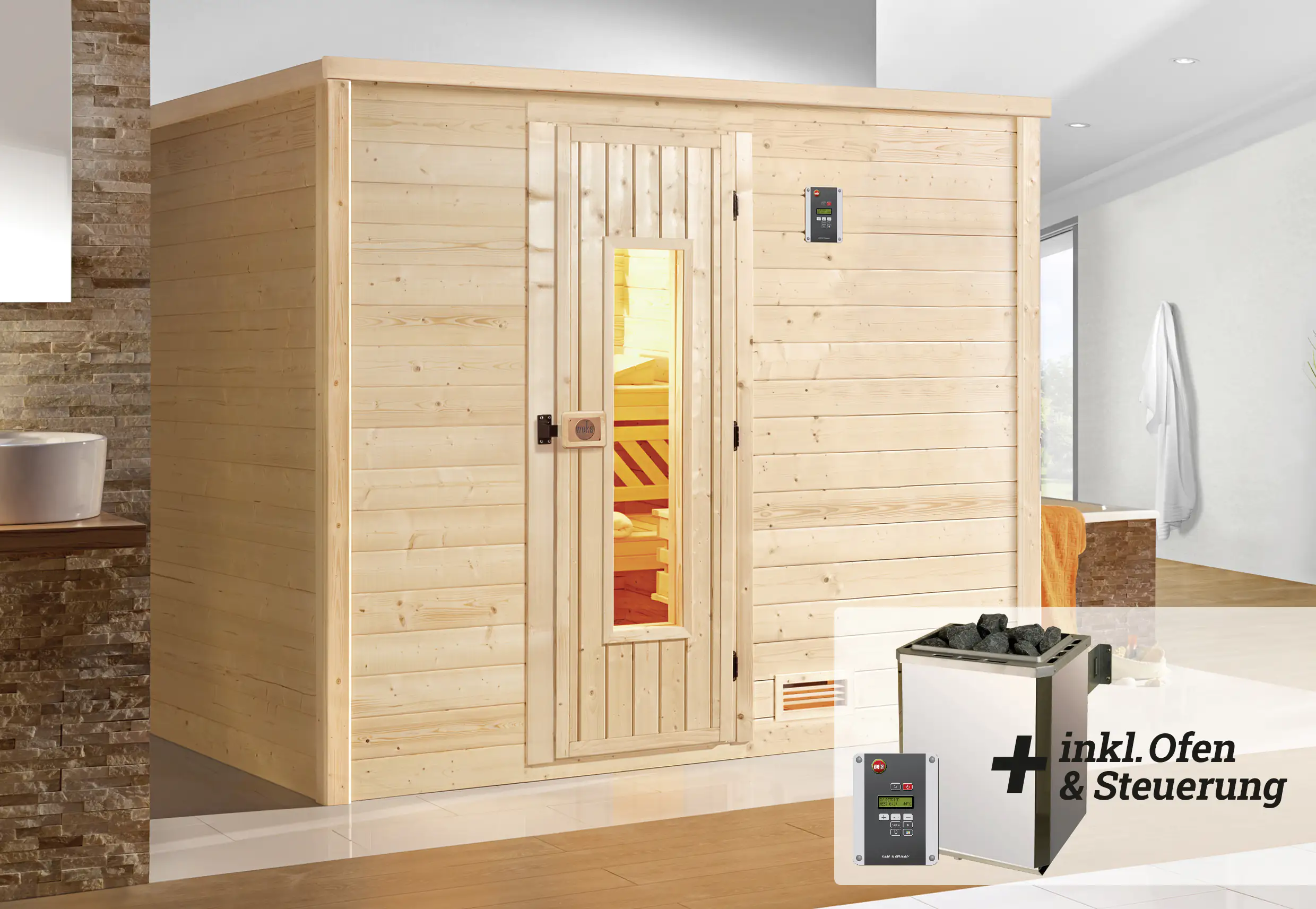 Weka Premium Massivholz-Sauna Bergen Gr. 3 Sparset 7,5 kW OS