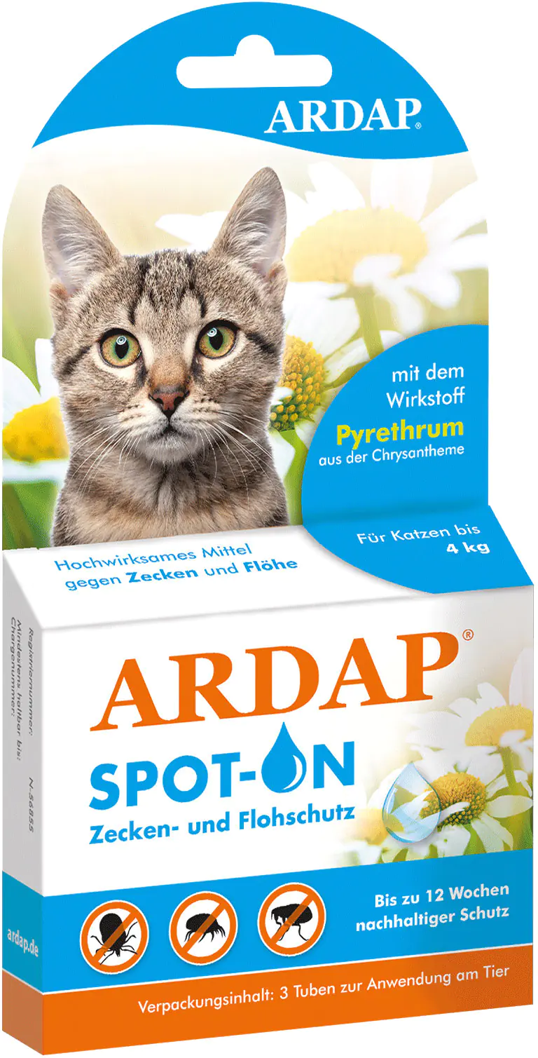 ARDAP Spot On Floh- und Zeckenschutztropfen für Katzen unter 4 kg 3 x 0,4 ml ARDAP Spot On Floh- und Zeckenschutztropfen für Katzen unter 4 kg 3 x 0,4 ml