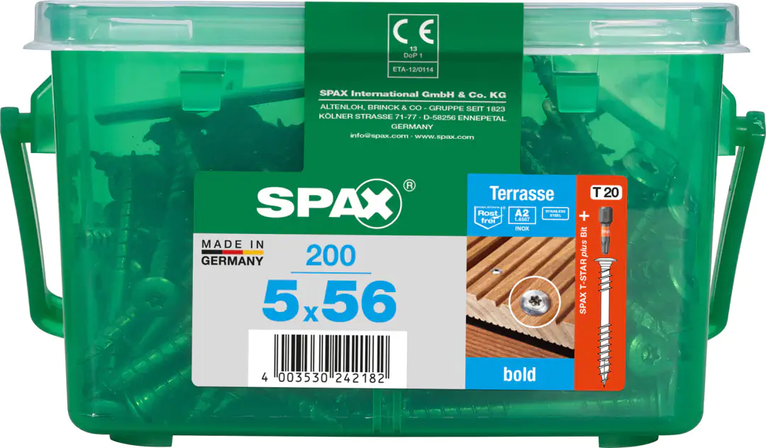 Spax Terrassenschrauben 5.0 x 56 mm TX 20 - 200 Stk. Spax Terrassenschrauben 5.0 x 56 mm TX 20 - 200 Stk.