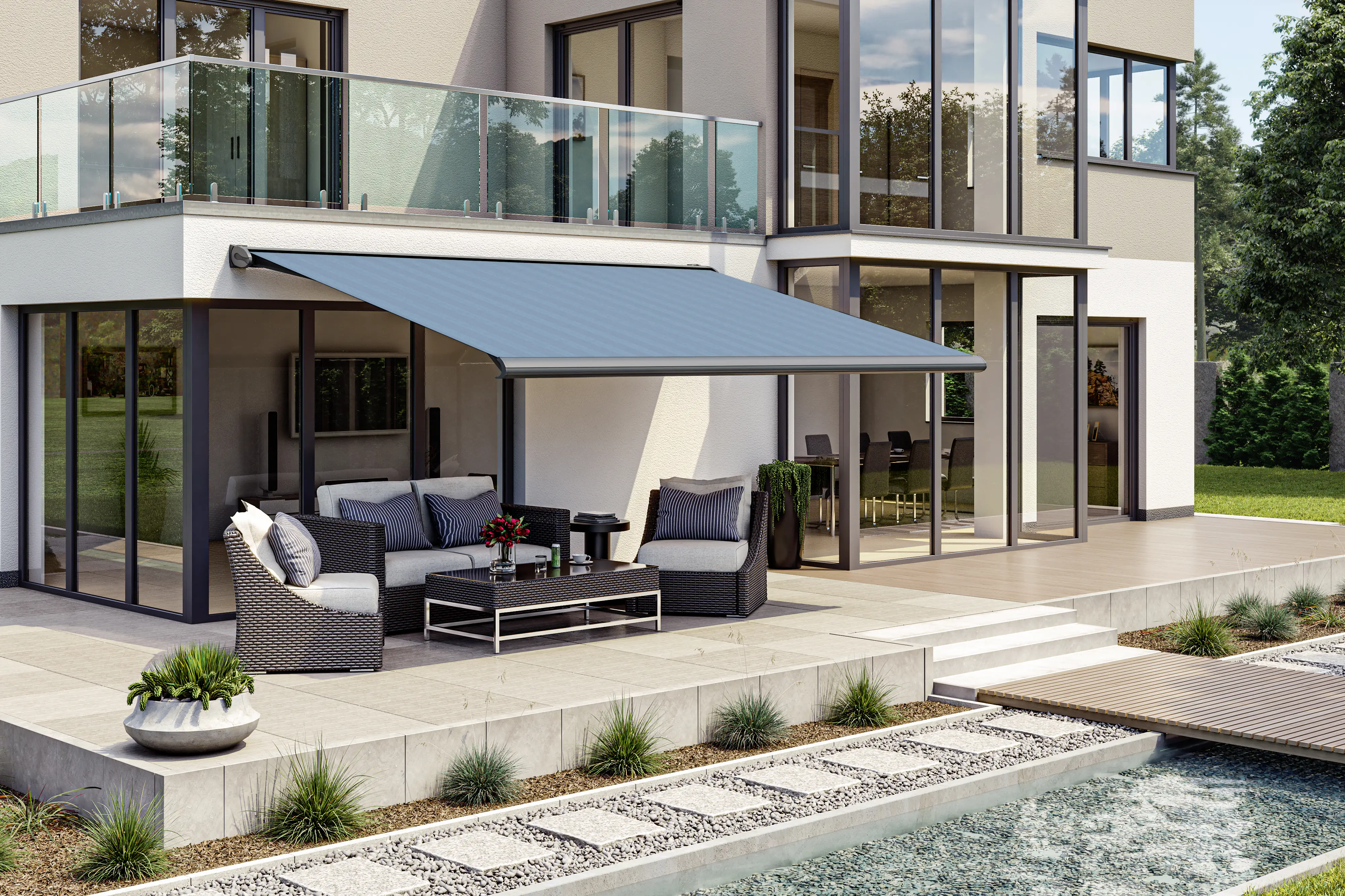 Kassettenmarkise S-Compact blau-schwarz gestreift inkl. Motor, Aufputzschalter Kassettenmarkise S-Compact blau-schwarz gestreift inkl. Motor, Aufputzschalter