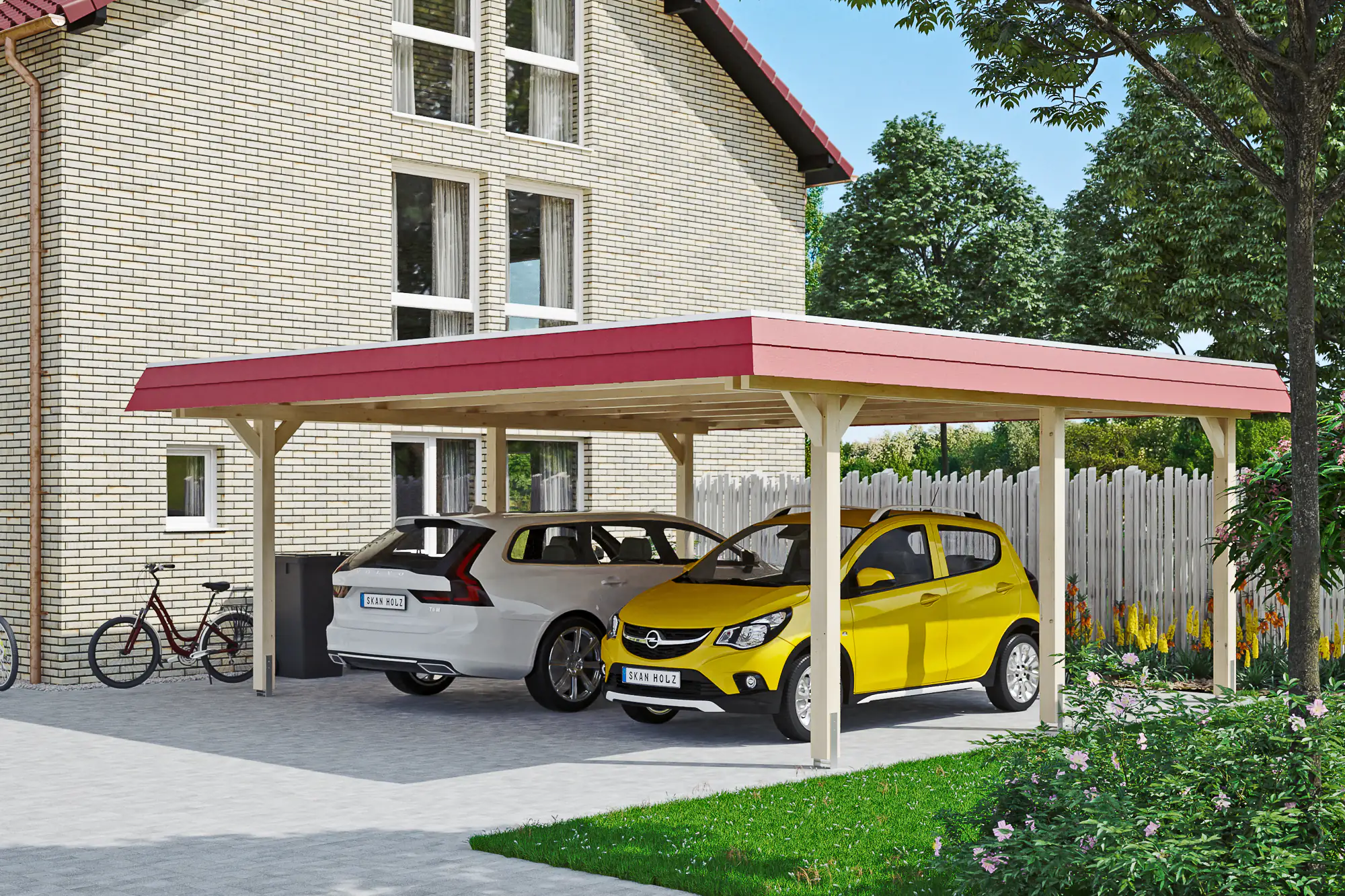 SKAN HOLZ Carport Wendland 630 x 637 cm mit Aluminiumdach, rote Blende