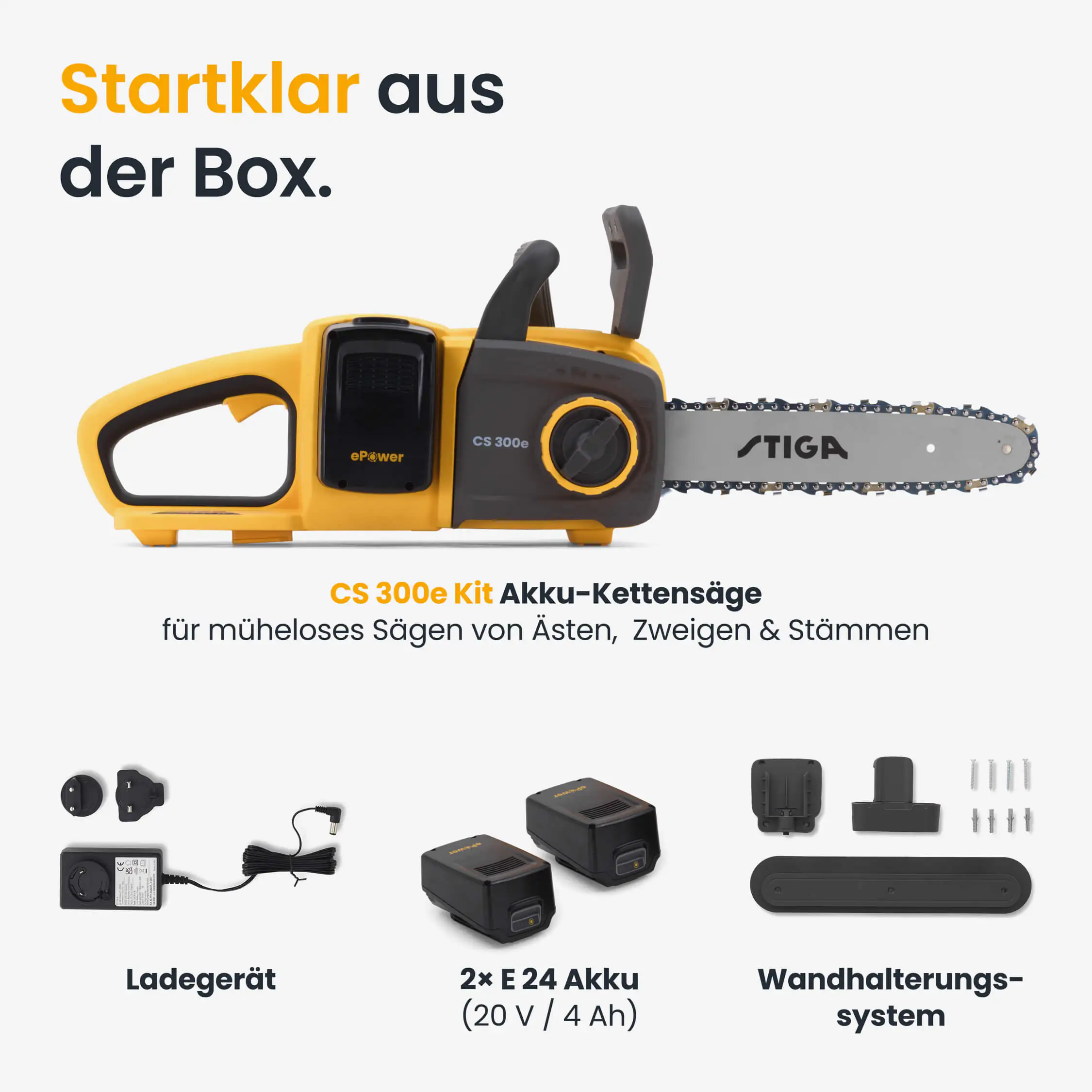Stiga Akku-Kettensäge CS 300e mit Akku und Ladegerät
