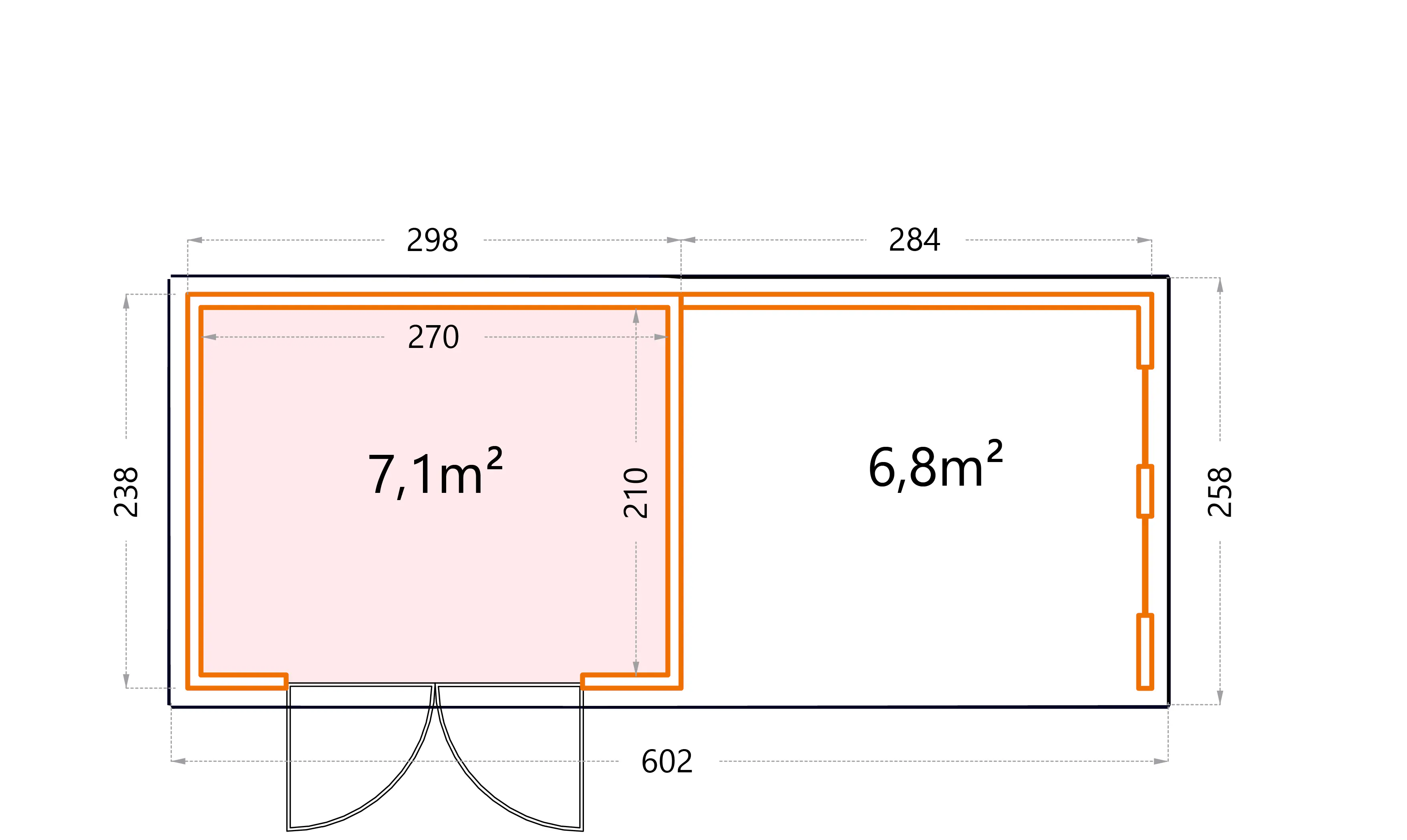 Telluria Gerätehaus Classico Lounge S mit Fenstern 3024 rechts granitgrau 582 x 238 cm