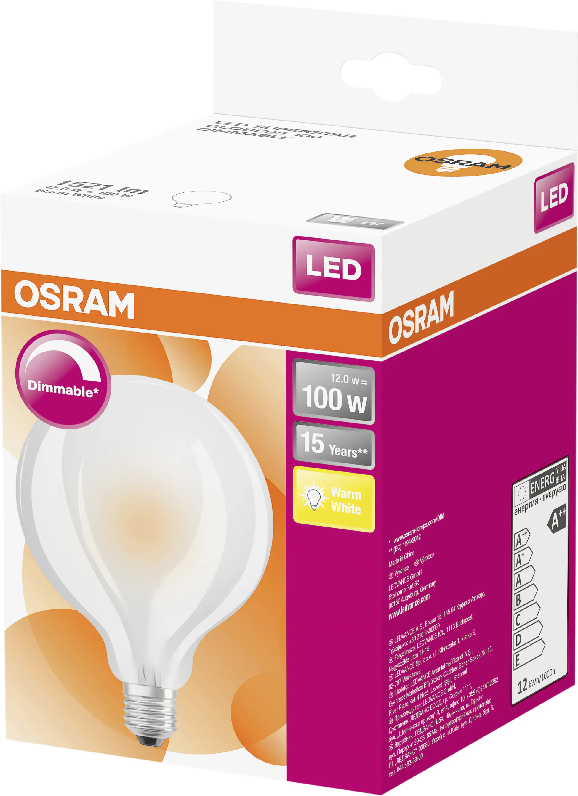Osram LED Leuchtmittel Globe 95 E27 11W warmweiß, dimmbar, weiß-matt