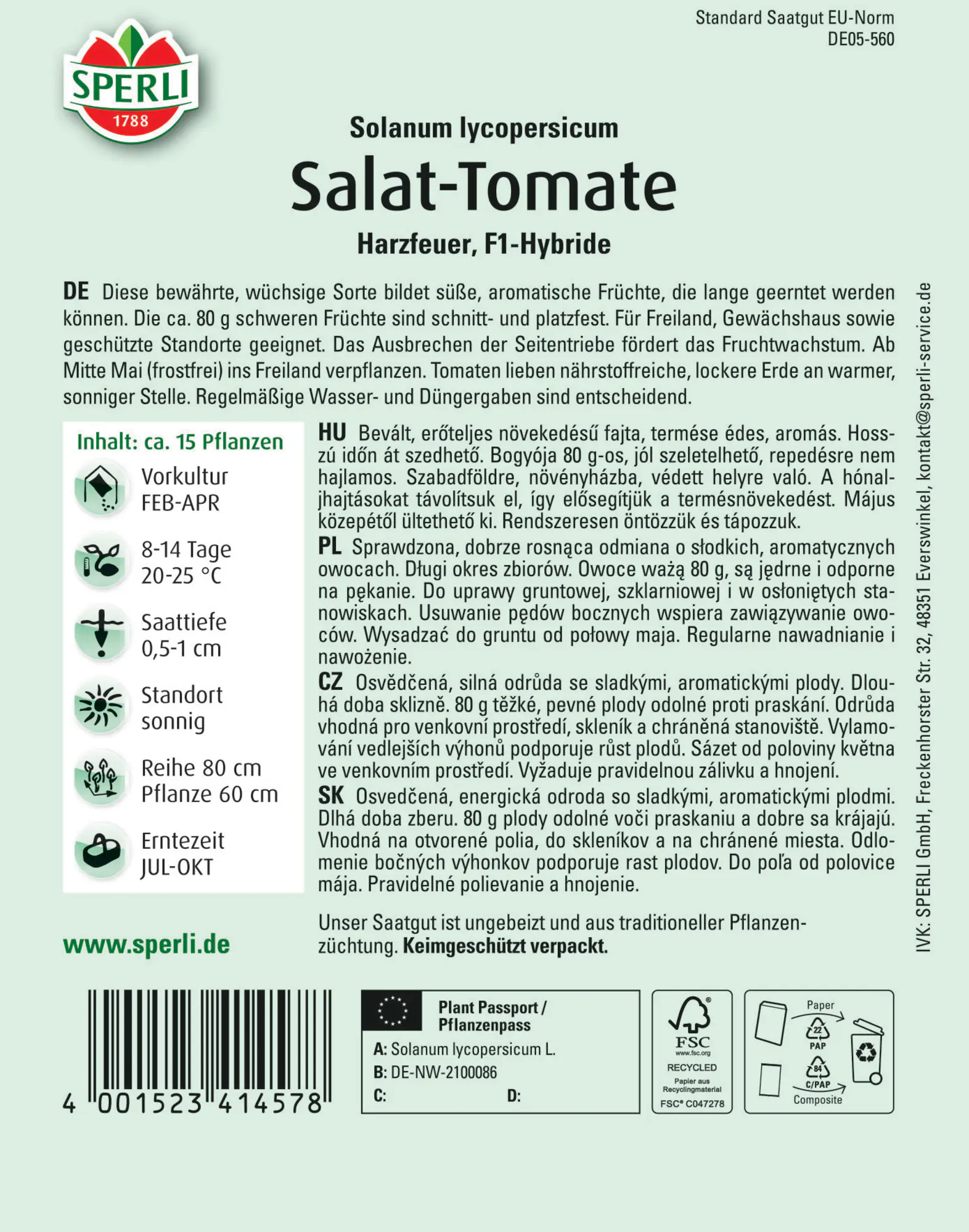 Sperli Salat-Tomate Harzfeuer F1