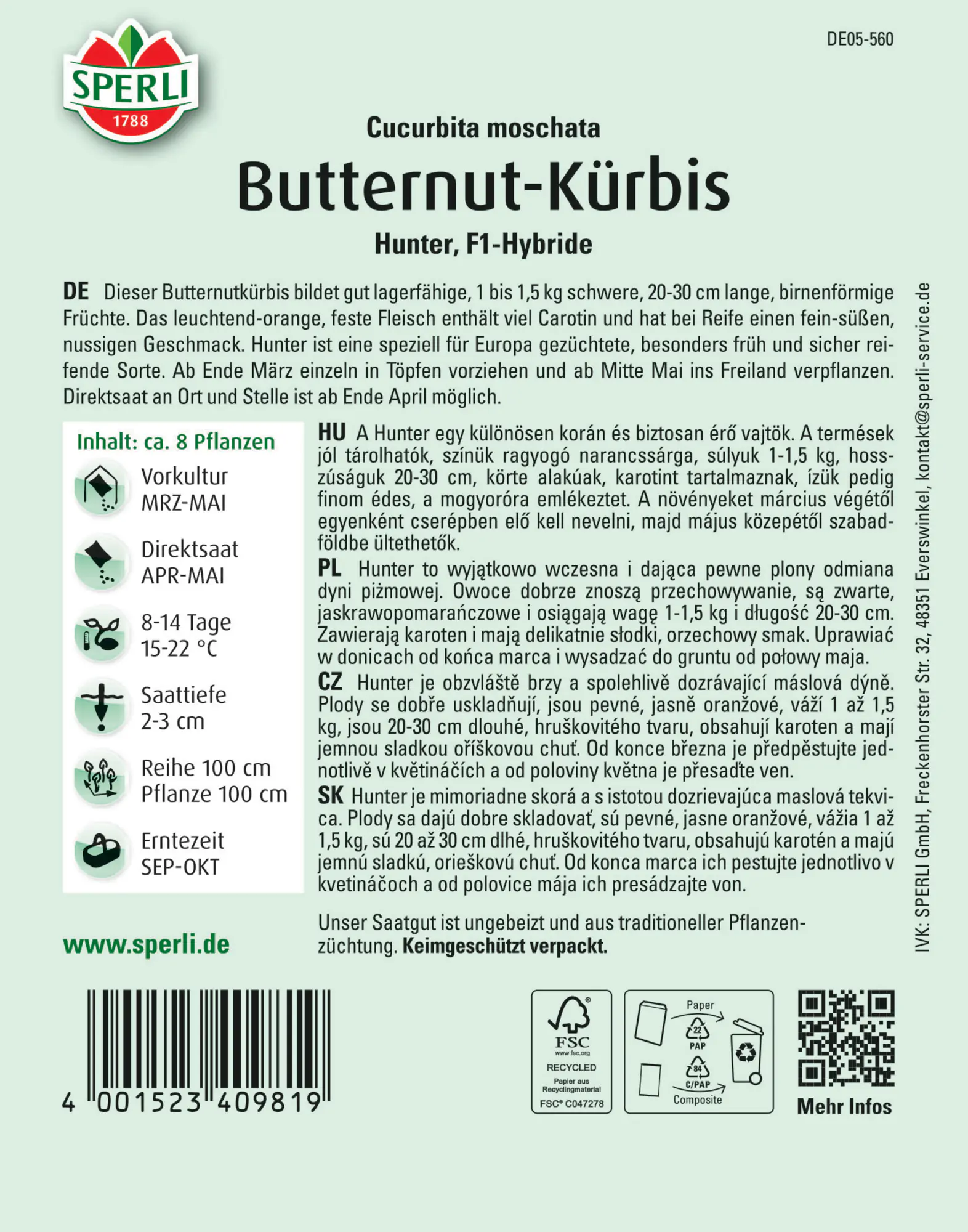 Sperli Butternutkürbis Hunter F1