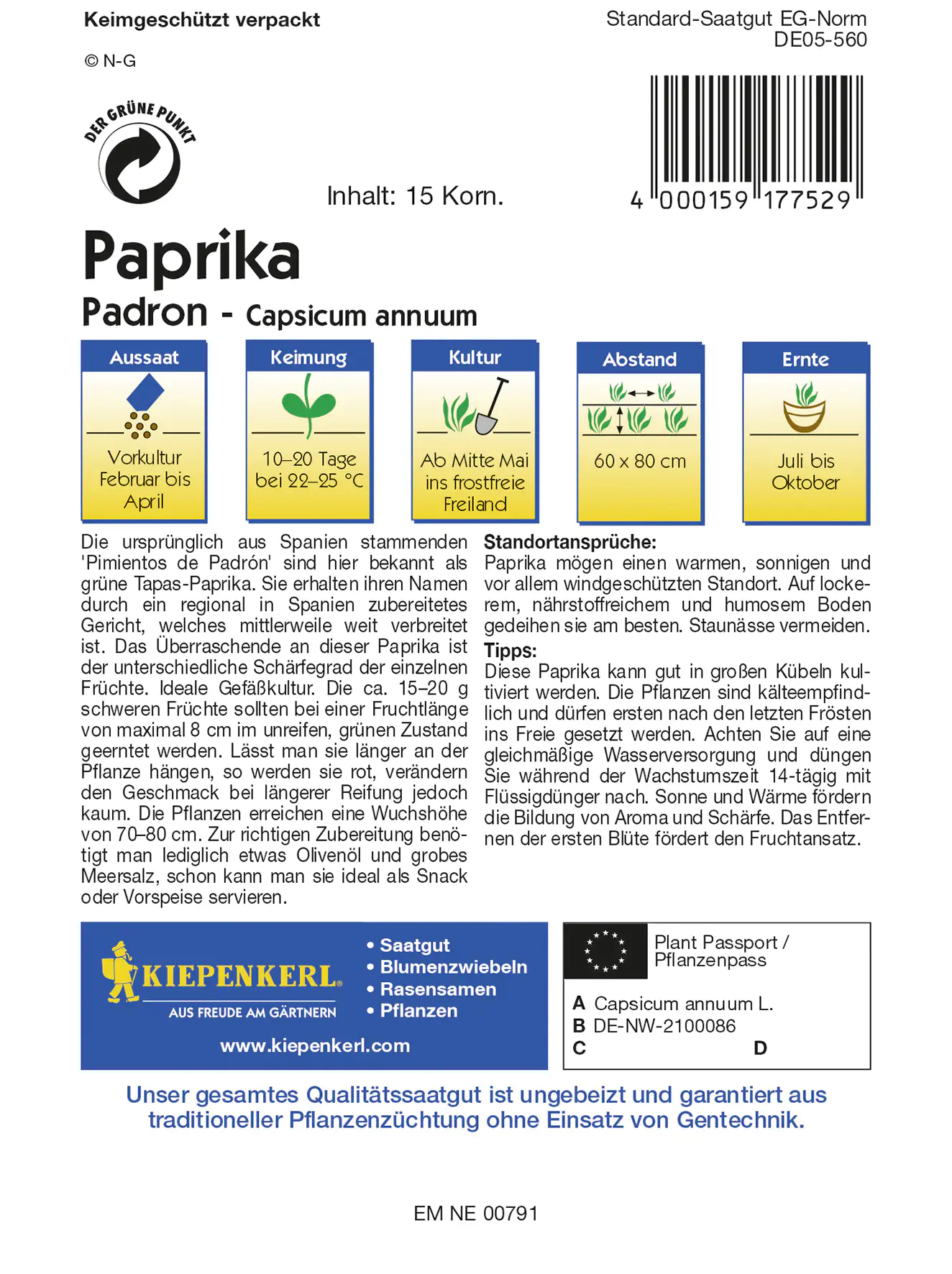 Kiepenkerl Paprika Padron Inhalt reicht für 15 Korn Kiepenkerl Paprika Padron Inhalt reicht für 15 Korn