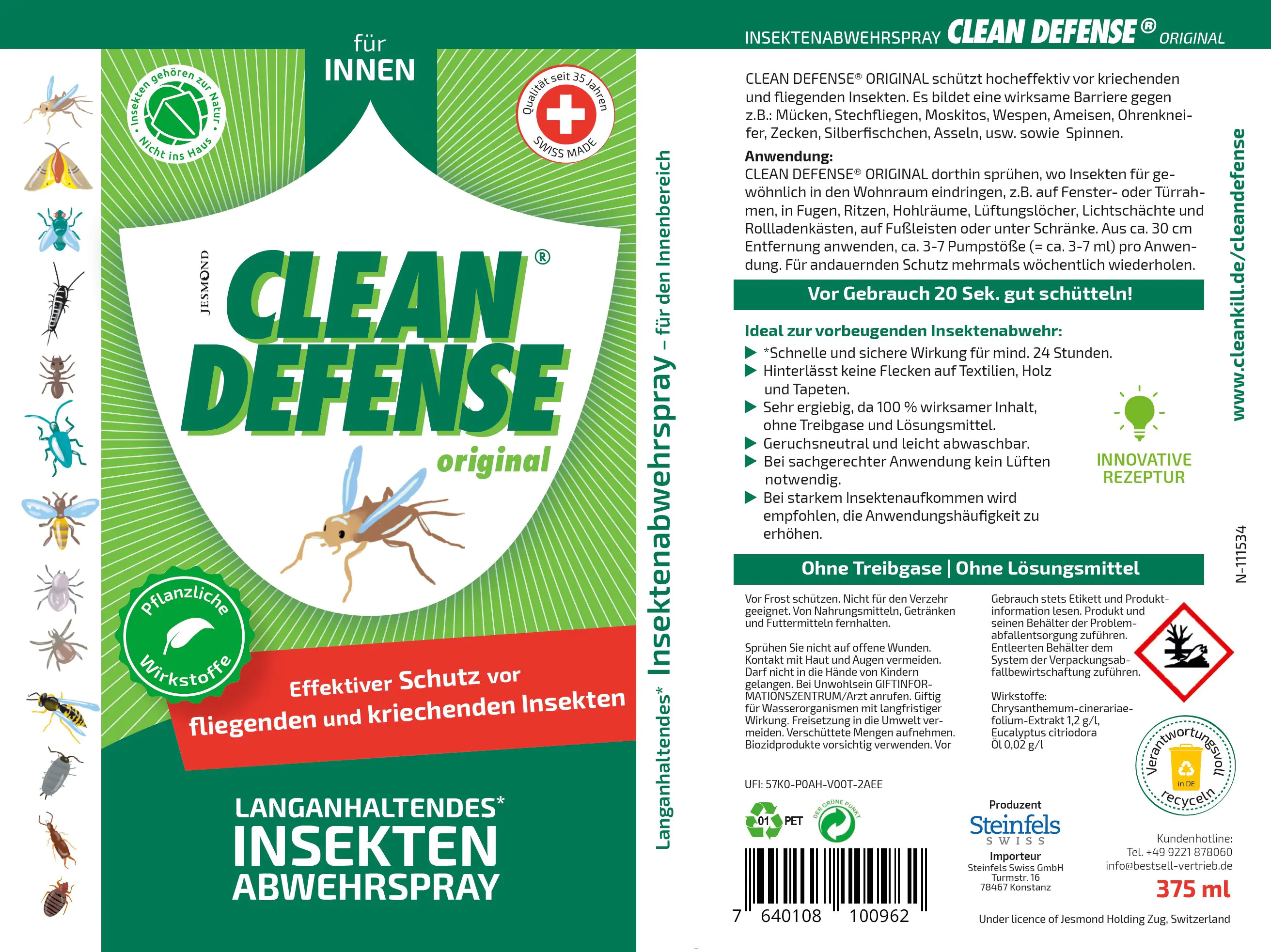 Clean Defense Original Insektenabwehrpray 375 ml Anti-Spinnen-Spray
