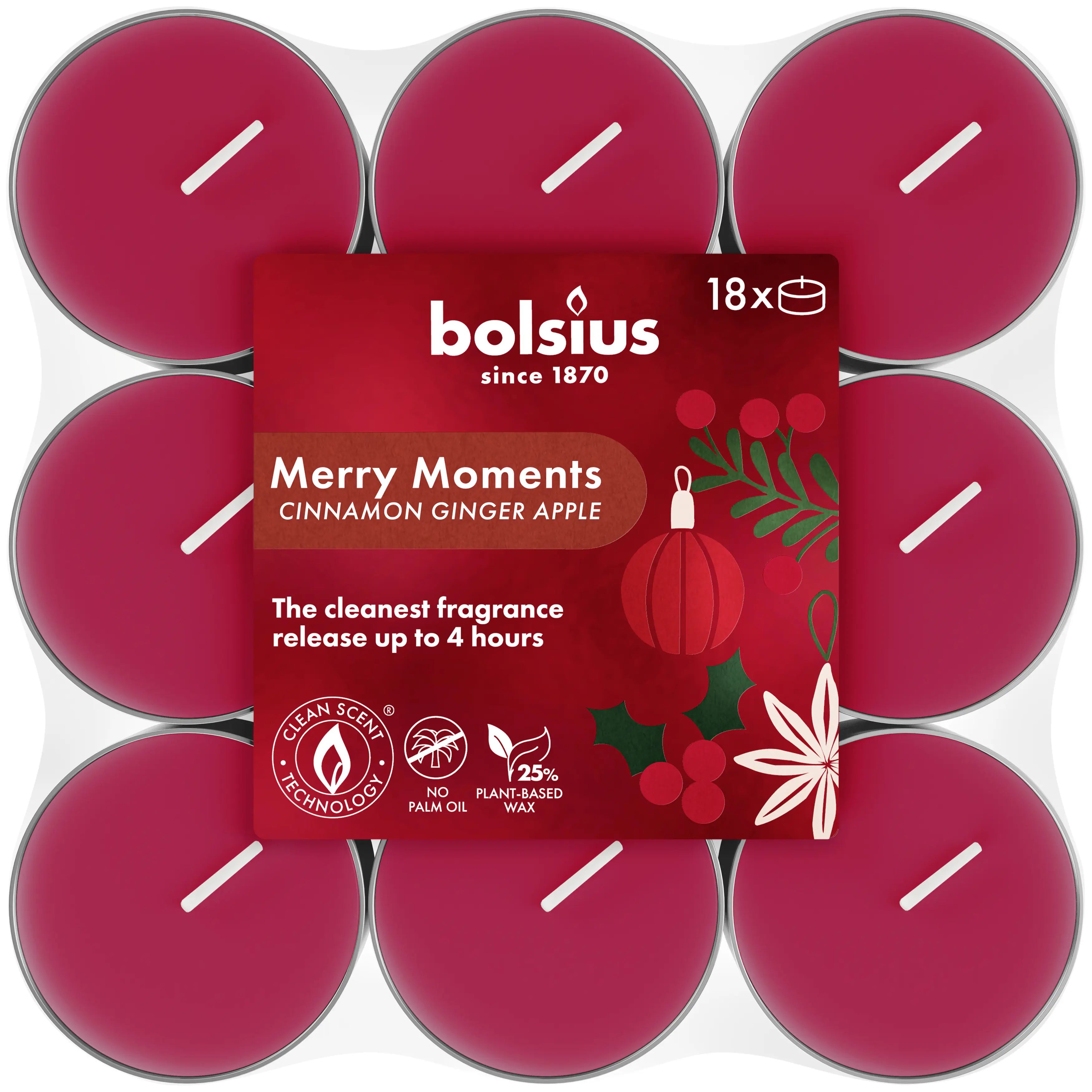 Bolsius Duftteelichter merry moments 18er Pack rot