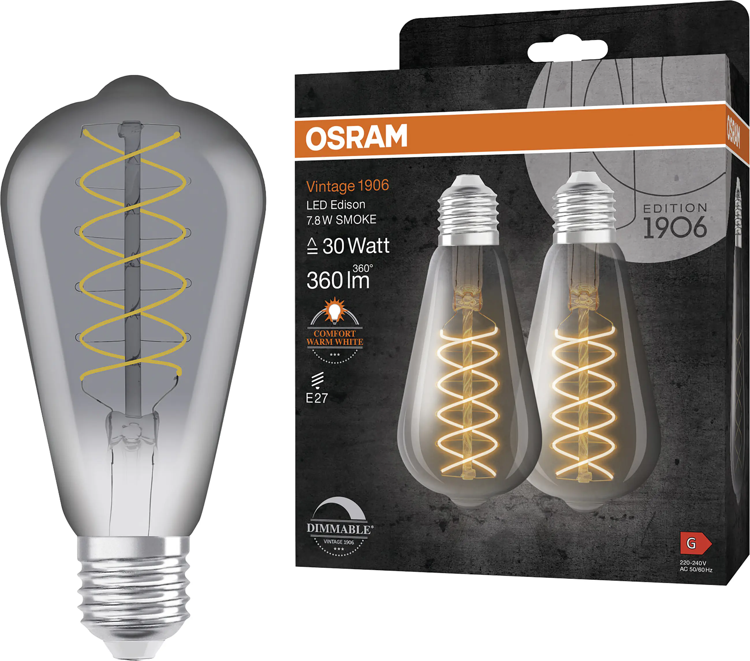 Osram LED Leuchtmittel E27 2er Pack Vintage 1906 Edison 7,8W rauch dimmbar warmweiß