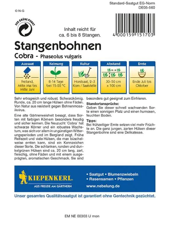 Kiepenkerl Profi-Line Stangenbohnen Cobra Phaseolus vulgaris var. vulgaris, Inhalt: 6-8 Stangen