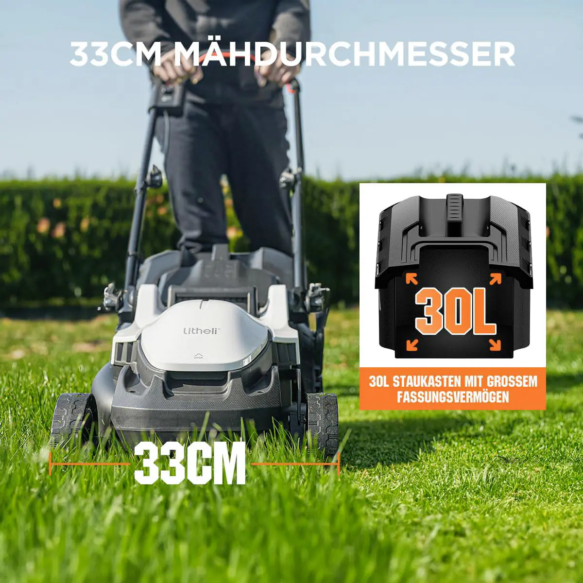 Litheli Akku-Rasenmäher U20 20V, 33cm Schnittbreite, inkl. Akku 4.0Ah und USB-C Ladekabel