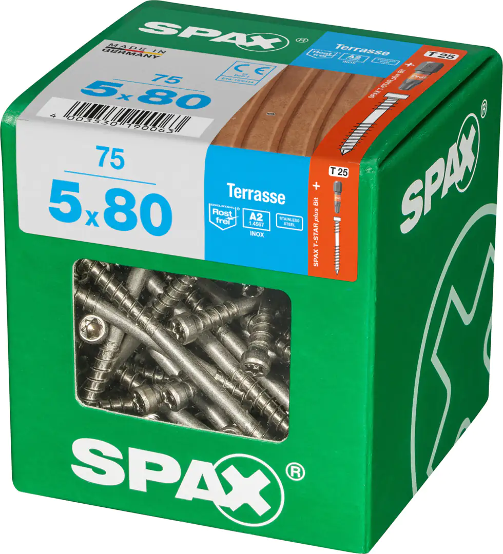 Spax Terrassenschrauben 5.0 x 80 mm TX 25 - 75 Stk. Spax Terrassenschrauben 5.0 x 80 mm TX 25 - 75 Stk.