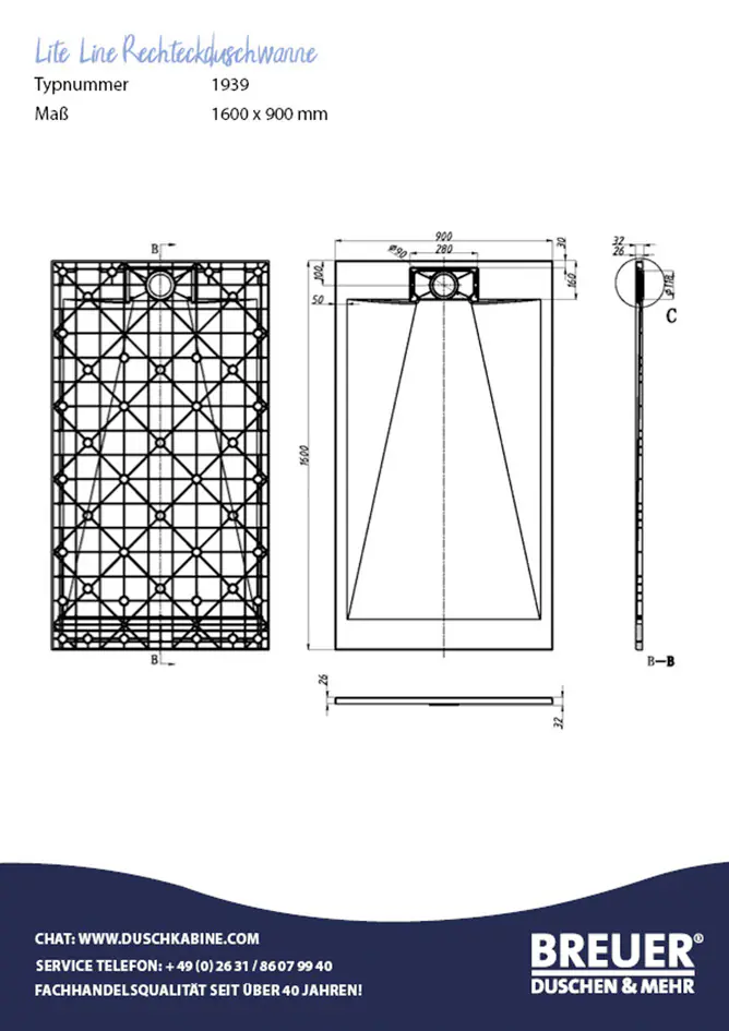 Breuer Duschwanne rechteck Lite Line Steinoptik weiß 90 x 160 cm