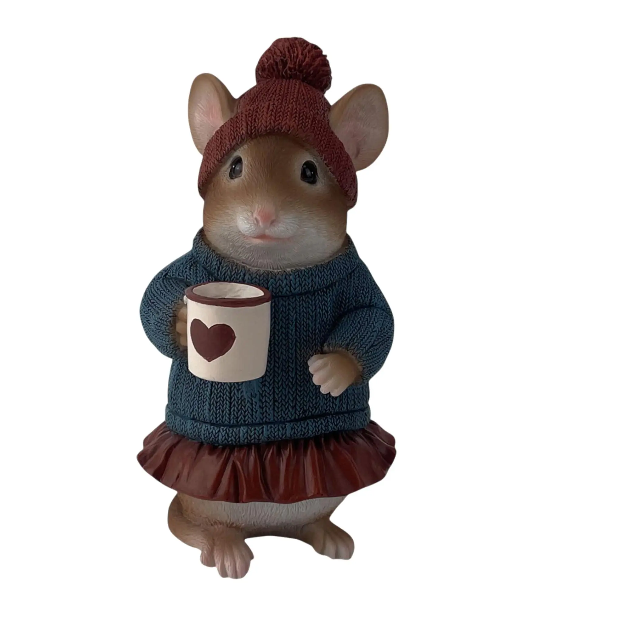 Dekofigur Maus mit Tasse klein 18,5 x 10,5 cm blau/braun