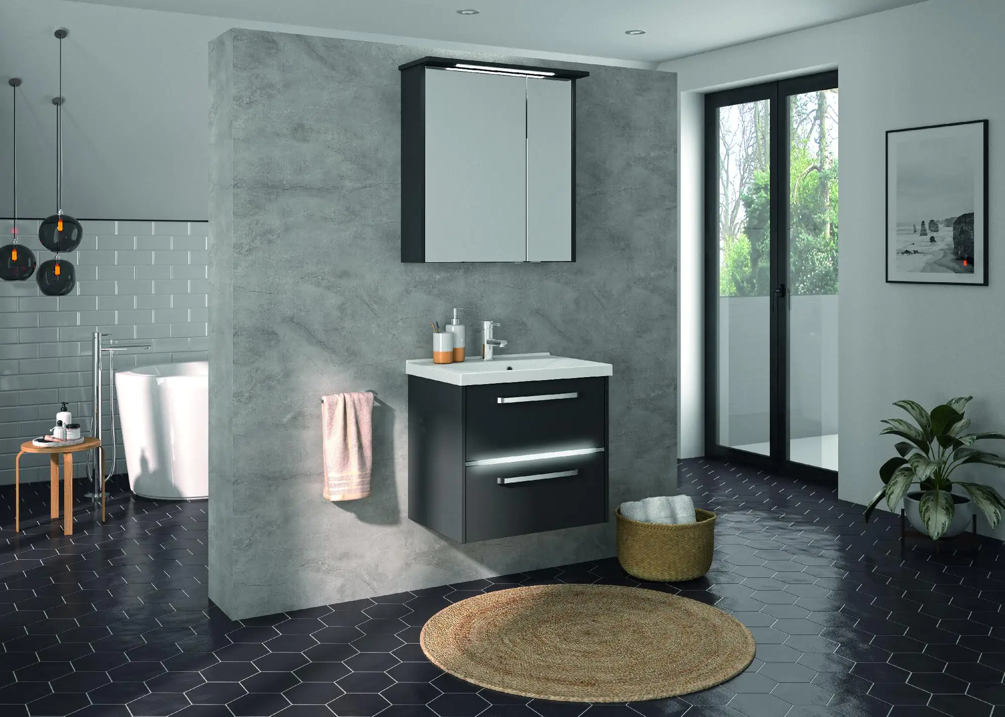 Primaster Badmöbel-Set Berlin grau 65 cm Twin LED, Mineralgusswaschtisch